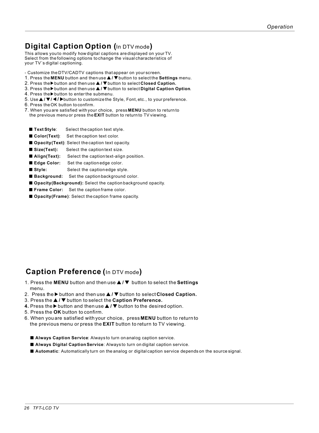 Haier HL32ATB, HL26ATB owner manual Digital Caption Option In DTV mode, Caption Preference In DTV mode 