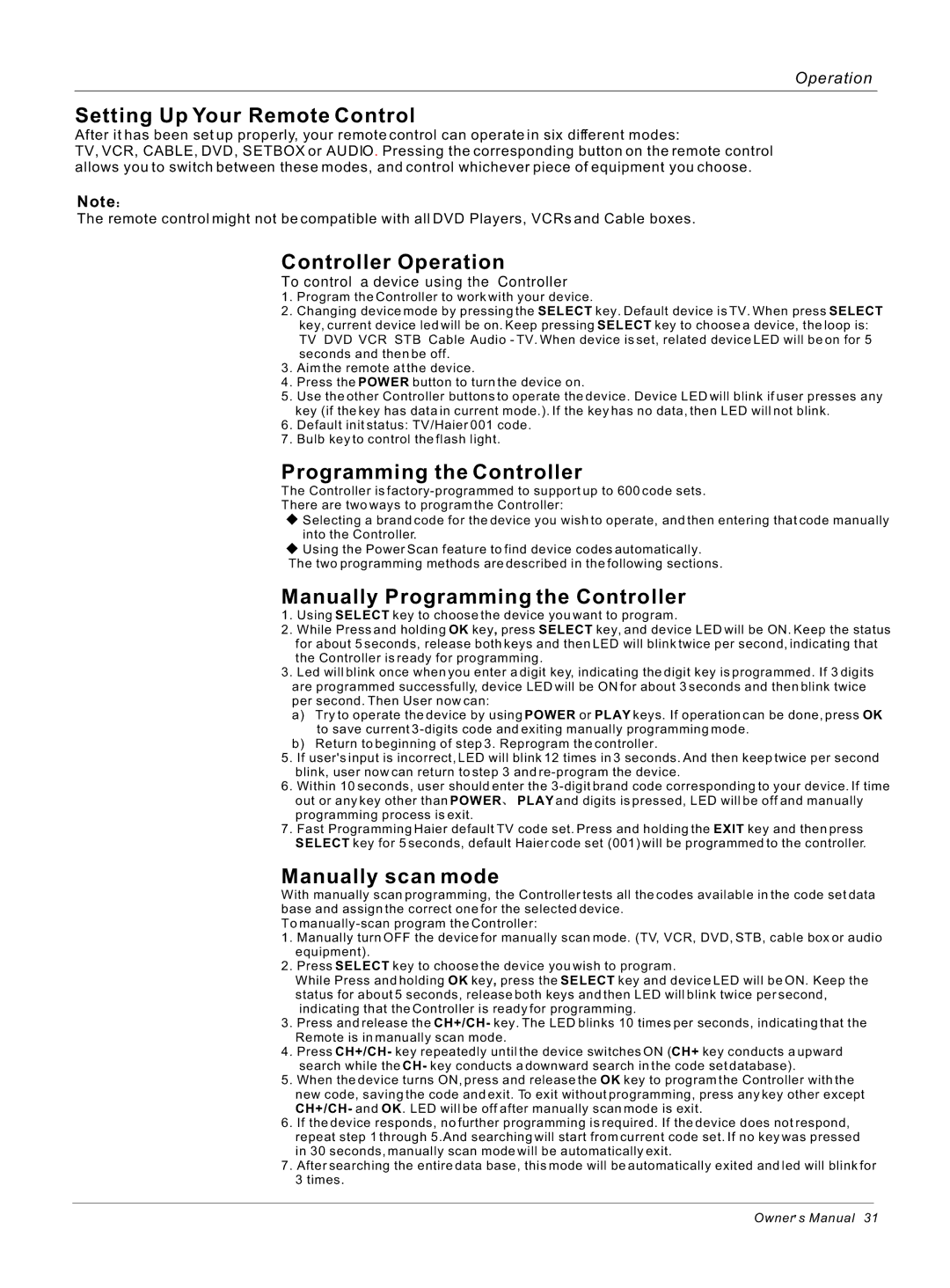 Haier HL32ATB, HL26ATB owner manual Setting Up Your Remote Control 