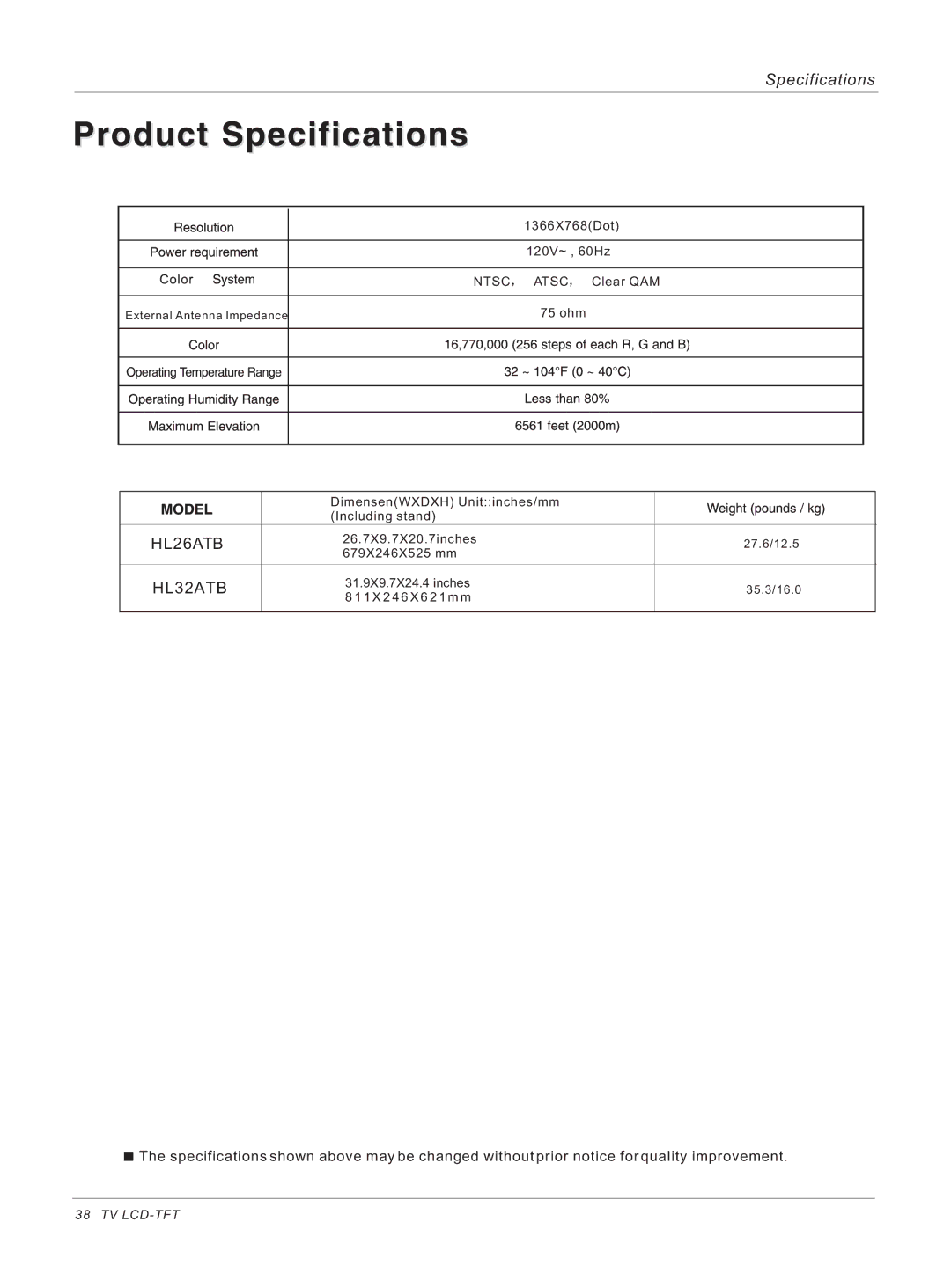 Haier HL32ATB, HL26ATB owner manual Specifications 