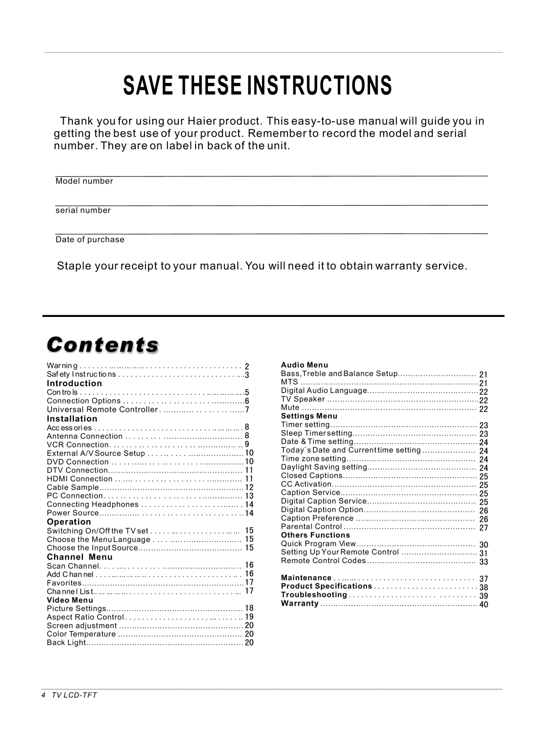 Haier HL32ATB, HL26ATB owner manual Contents 