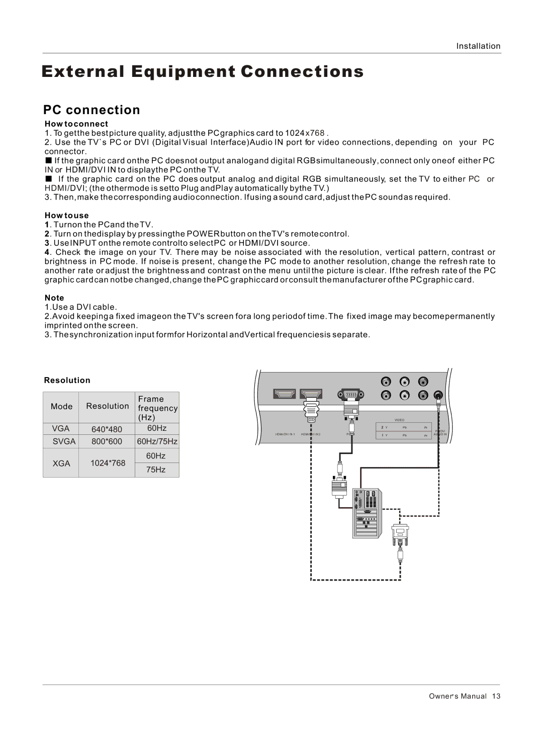 Haier HL26BG, HL32BG, HL26S, HL32S owner manual PC connection, Resolution 