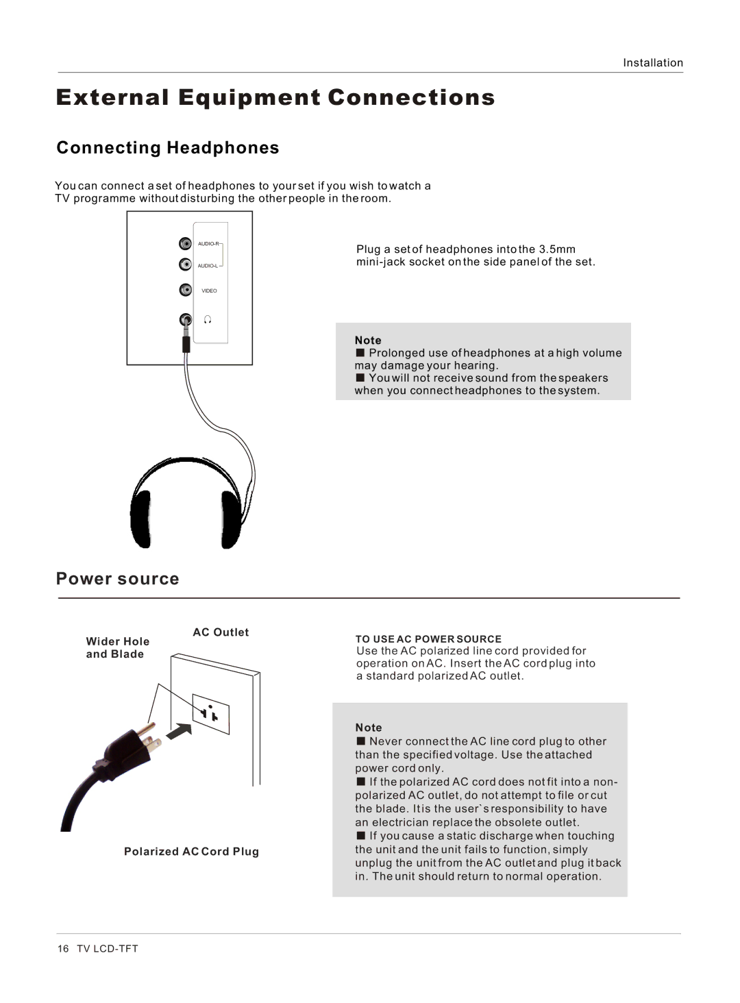 Haier HL26S, HL32BG, HL26BG, HL32S owner manual Connecting Headphones, Power source 