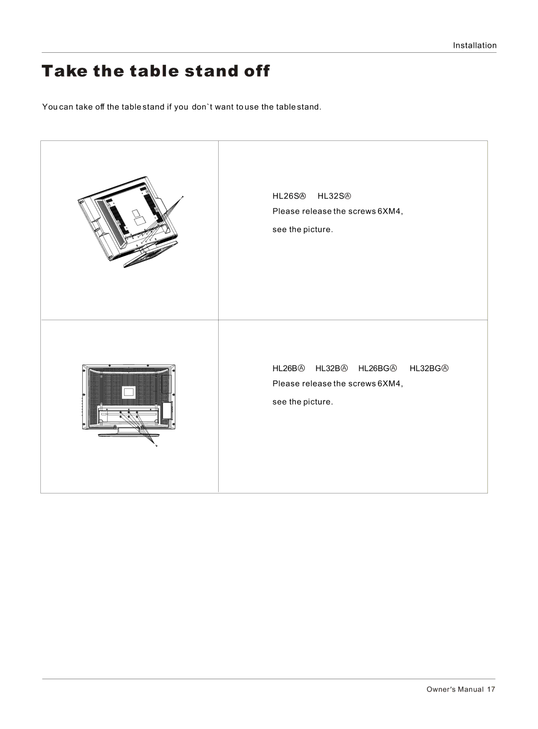 Haier HL32BG, HL26S, HL26BG, HL32S owner manual Take the table stand off 