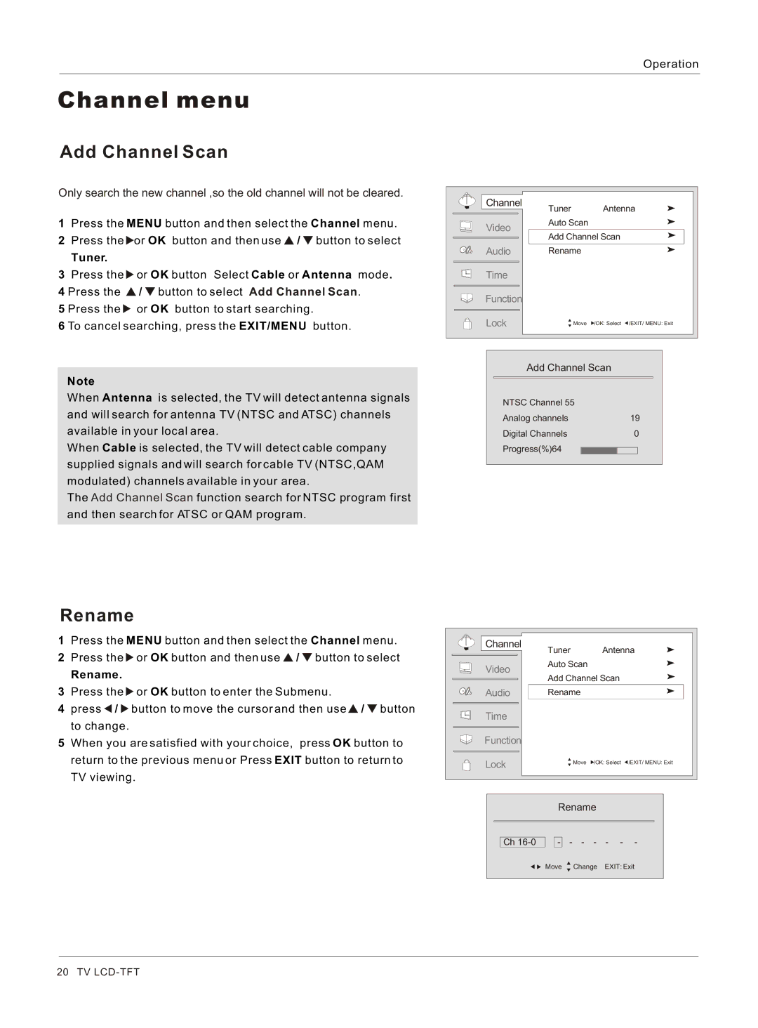 Haier HL32BG, HL26S, HL26BG, HL32S owner manual Add Channel Scan, Rename 