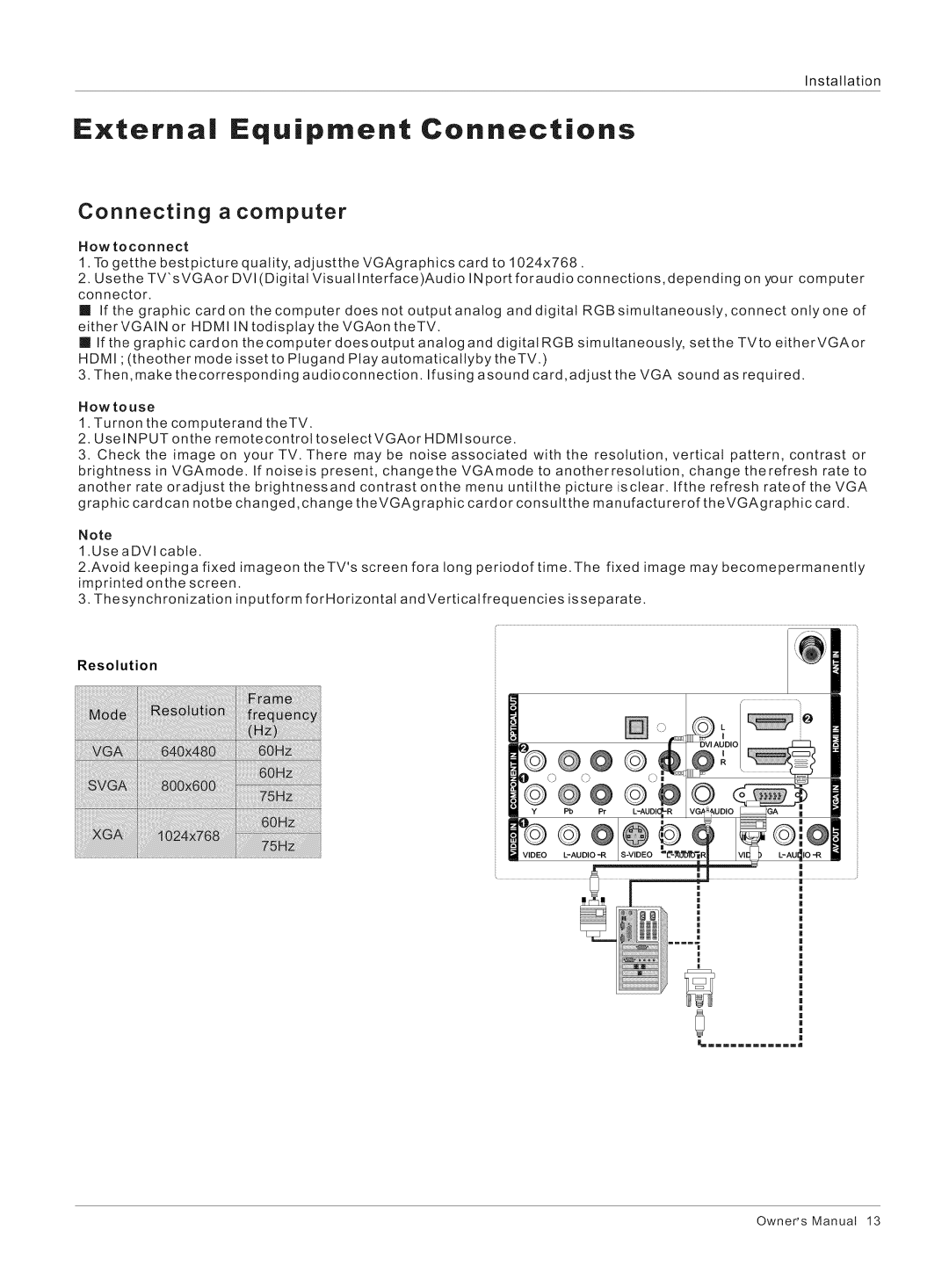 Haier HL26R1, HL32K1, HL26K1, HL42XK1, HL32XK1, HL32R1 owner manual Connecting a computer, Resolution 