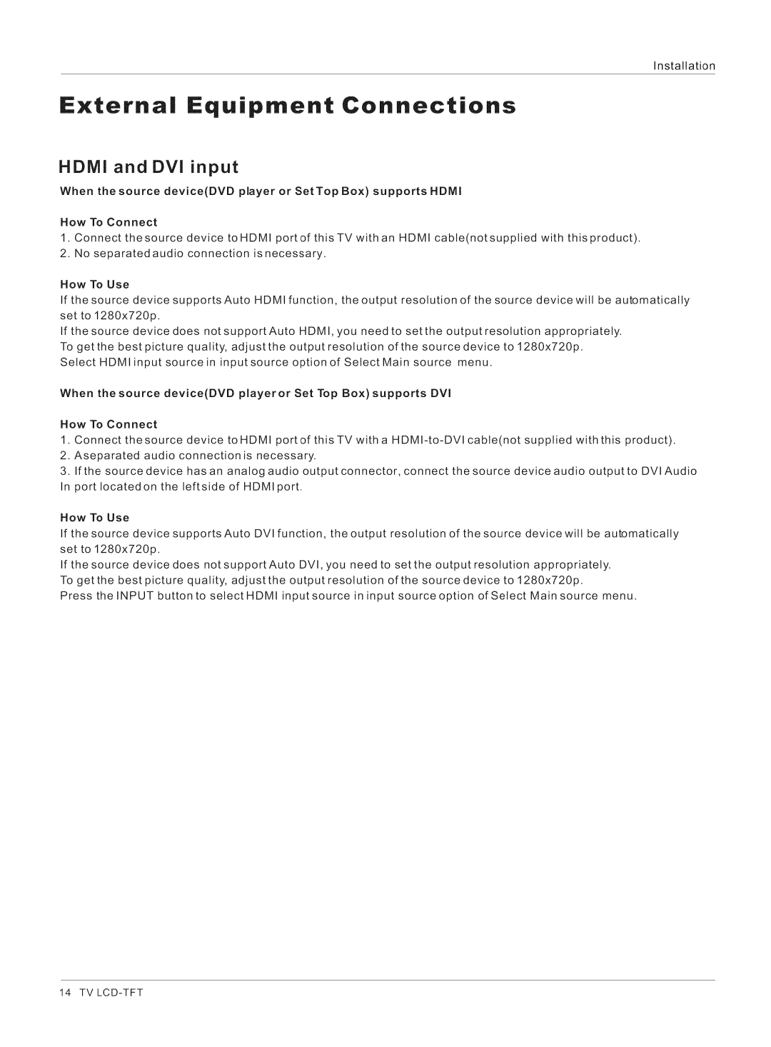 Haier HL26K1, HL32K1, HL26R1, HL42XK1, HL32XK1, HL32R1 owner manual Externa Equipment Connections, Hdmi and DVI input 