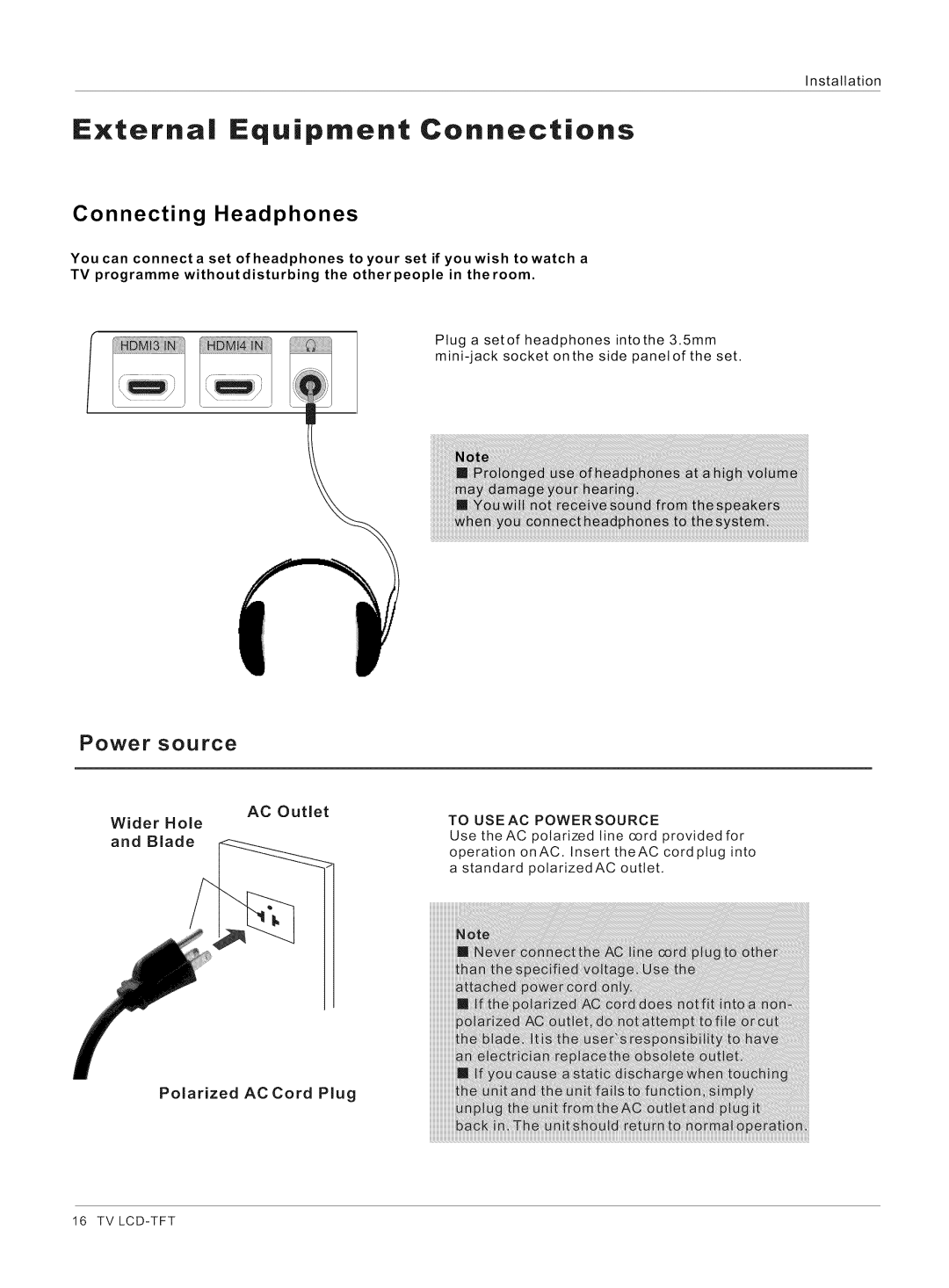 Haier HL32XK1, HL32K1, HL26R1, HL26K1, HL42XK1, HL32R1 owner manual Connecting Headphones, Power source, AC Outlet 