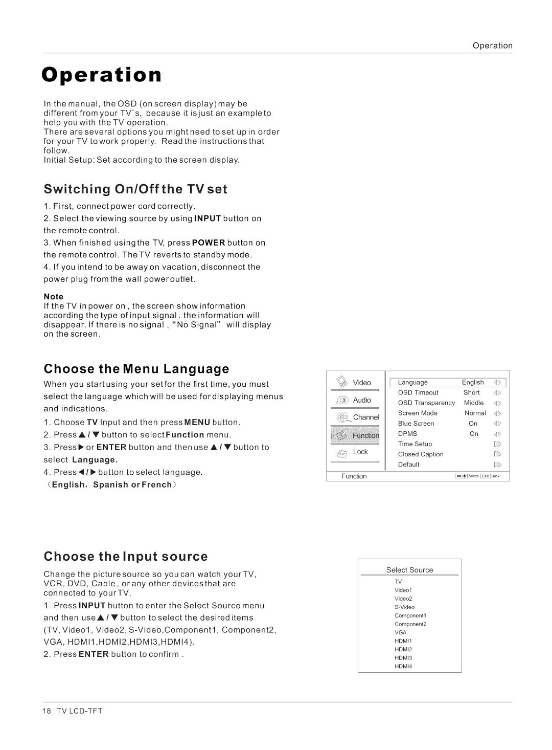 Haier HL32K1, HL26R1, HL26K1 Switching On/Off the TV set, Choose the Menu Language, Choose the Input source, Operation 