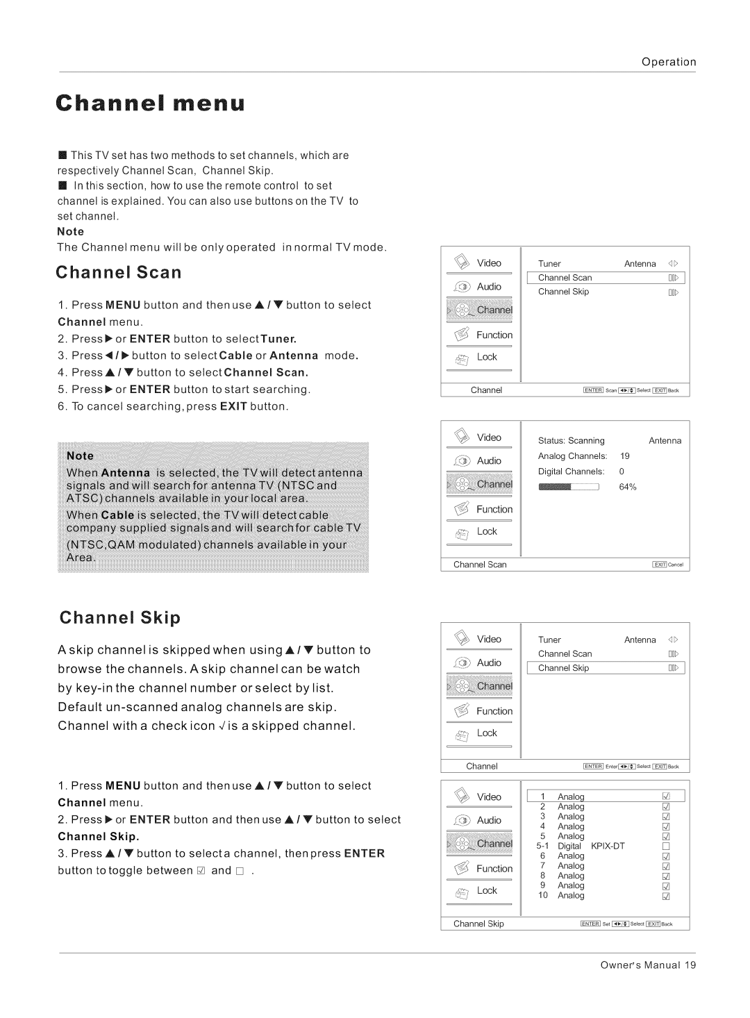 Haier HL26R1, HL32K1, HL26K1, HL42XK1, HL32XK1, HL32R1 owner manual Channe menu, Channel Scan, Channel Skip 