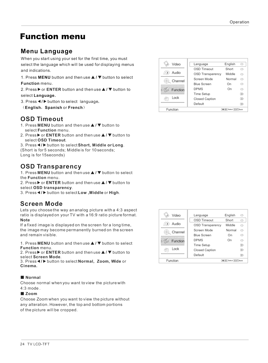 Haier HL32K1, HL26R1, HL26K1, HL42XK1, HL32XK1 Function menu, Menu Language, OSD Timeout, OSD Transparency, Screen Mode 