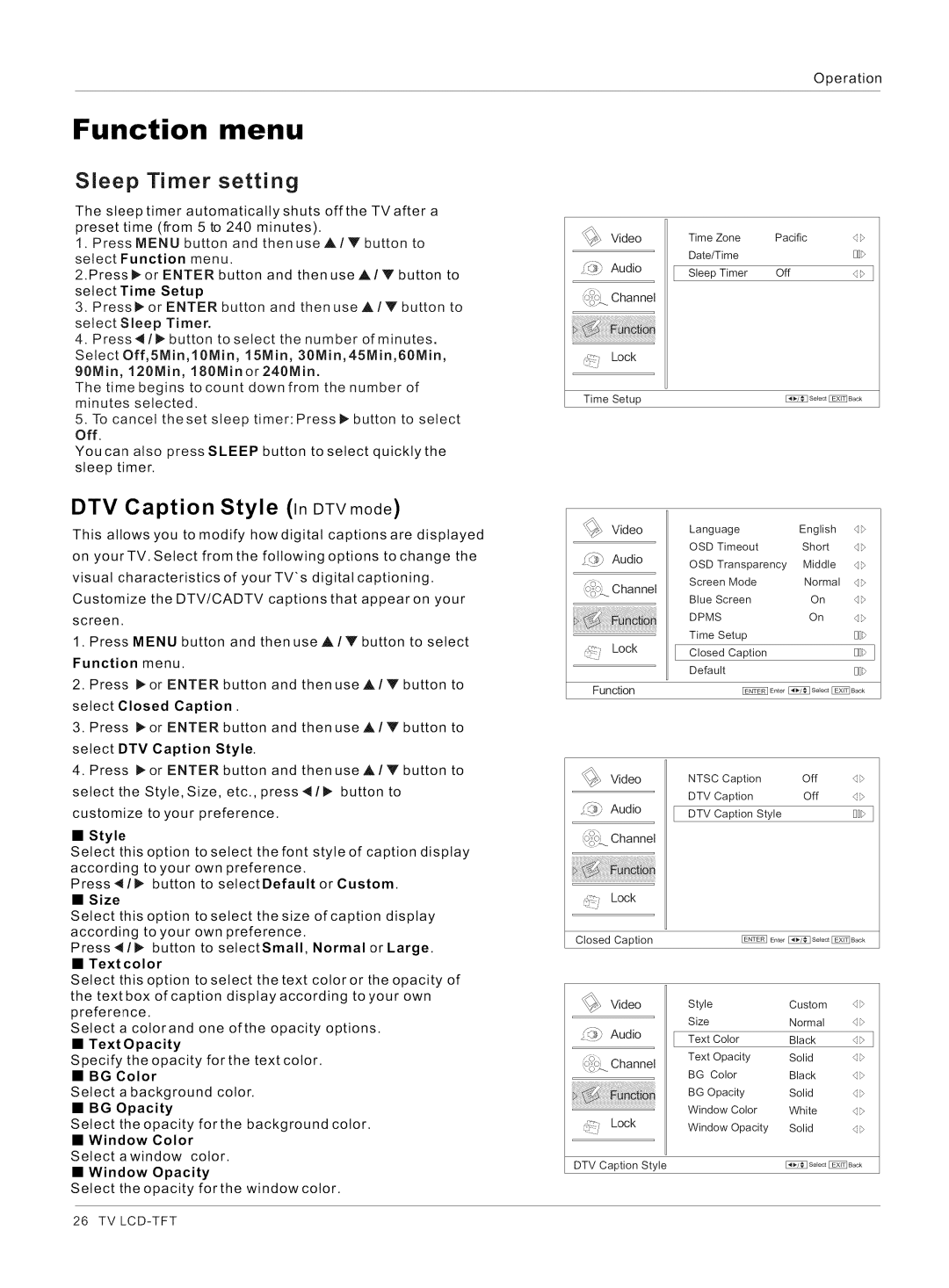 Haier HL26K1, HL32K1, HL26R1, HL42XK1, HL32XK1, HL32R1 owner manual Sleep Timer setting, DTV Caption Style In DTVmode, SChannel 