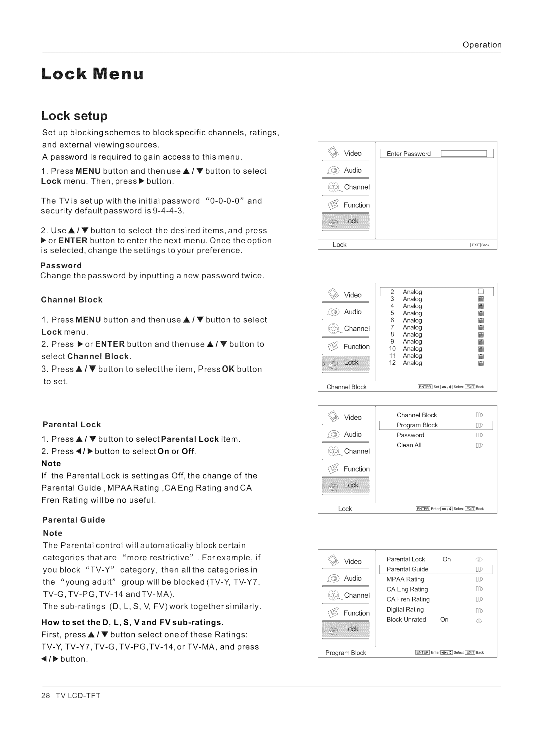 Haier HL32XK1, HL32K1, HL26R1, HL26K1, HL42XK1, HL32R1 Lock setup, Password, Parental Lock, Audio 2Channel, Channel Function 