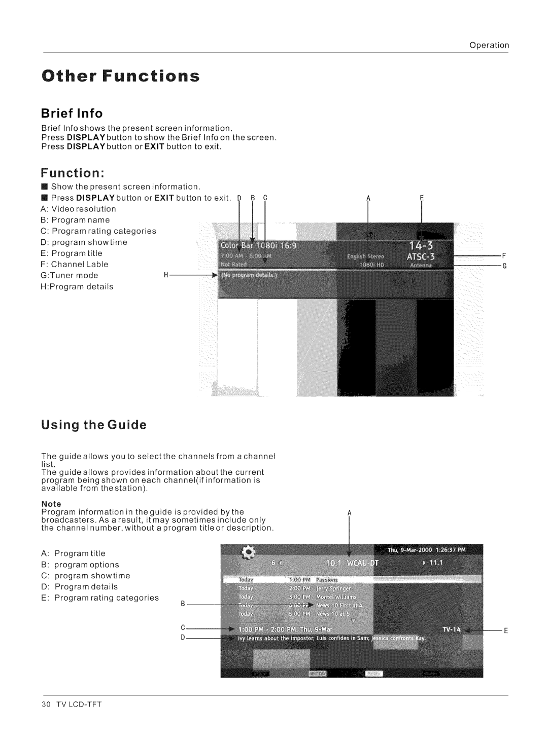 Haier HL32K1, HL26R1, HL26K1, HL42XK1, HL32XK1, HL32R1 owner manual Other Functions, Brief Info, Using the Guide 