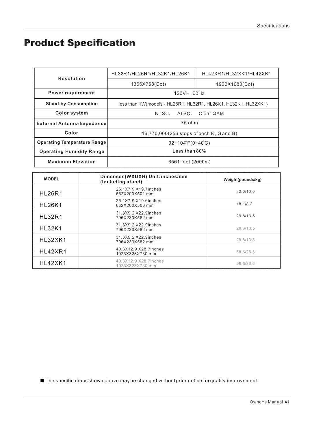 Haier HL32R1, HL32K1, HL26R1, HL26K1, HL42XK1, HL32XK1 owner manual Product Specification, Power, System, DimensenWXDXH 