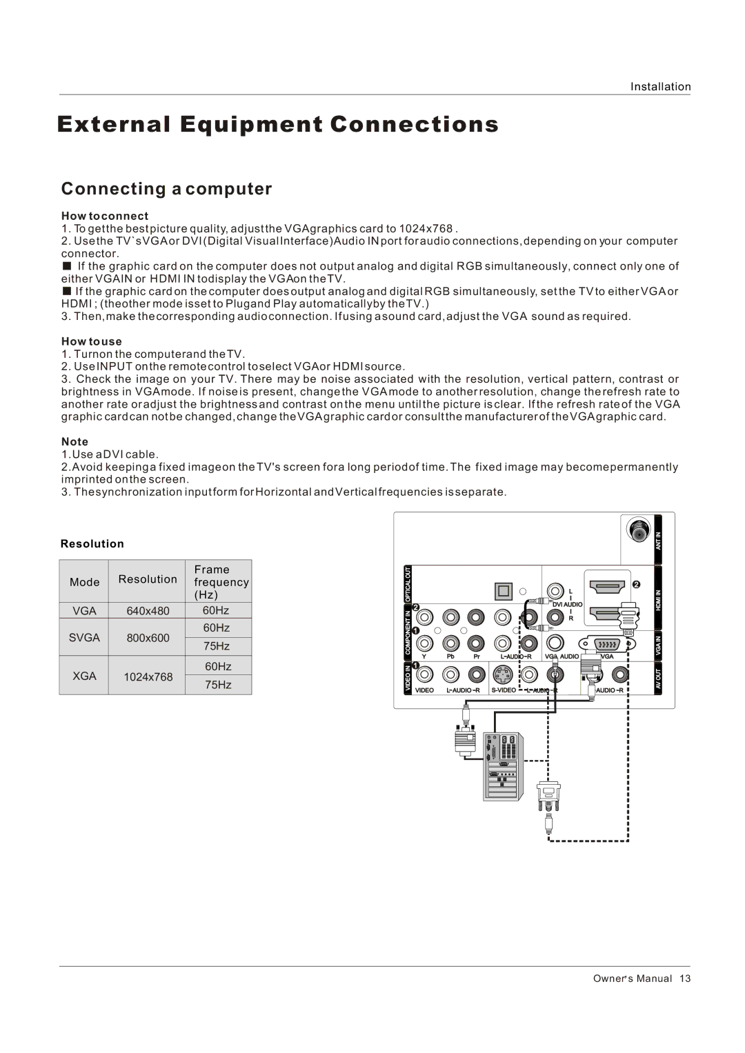 Haier HL32XK1, HL32K1, HL26R1, HL26K1, HL42XR1, HL42XK1, HL32P1, HL32R1 owner manual Connecting a computer, Resolution 