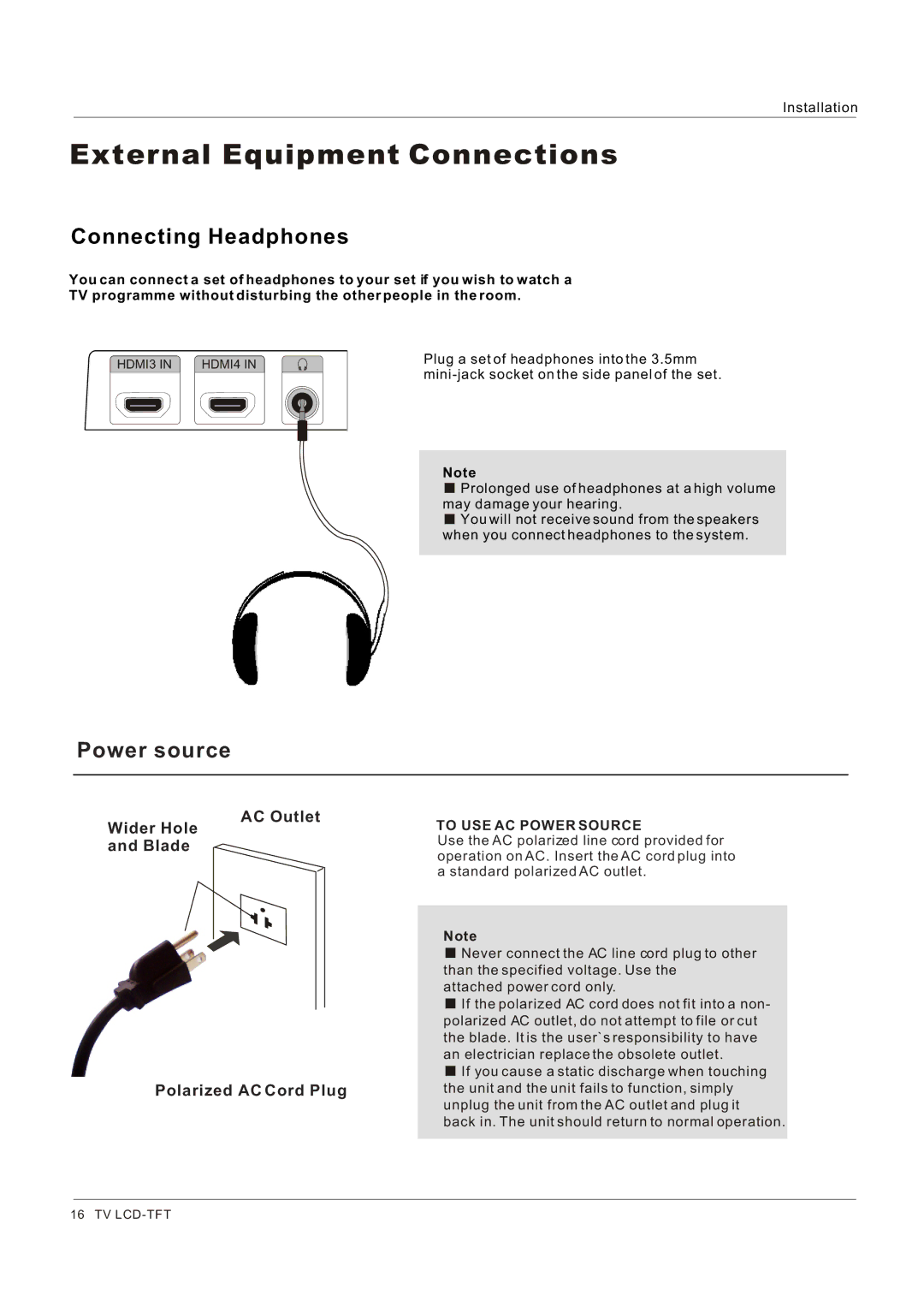 Haier HL32K1, HL26R1, HL26K1, HL42XR1, HL42XK1, HL32XK1, HL32P1, HL32R1 owner manual Connecting Headphones, Power source 