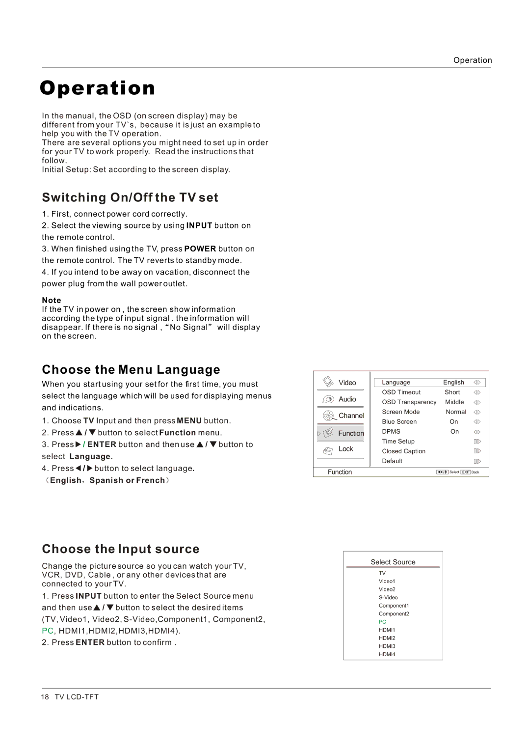 Haier HL26K1 Switching On/Off the TV set, Choose the Menu Language, Choose the Input source, English Spanish or French 