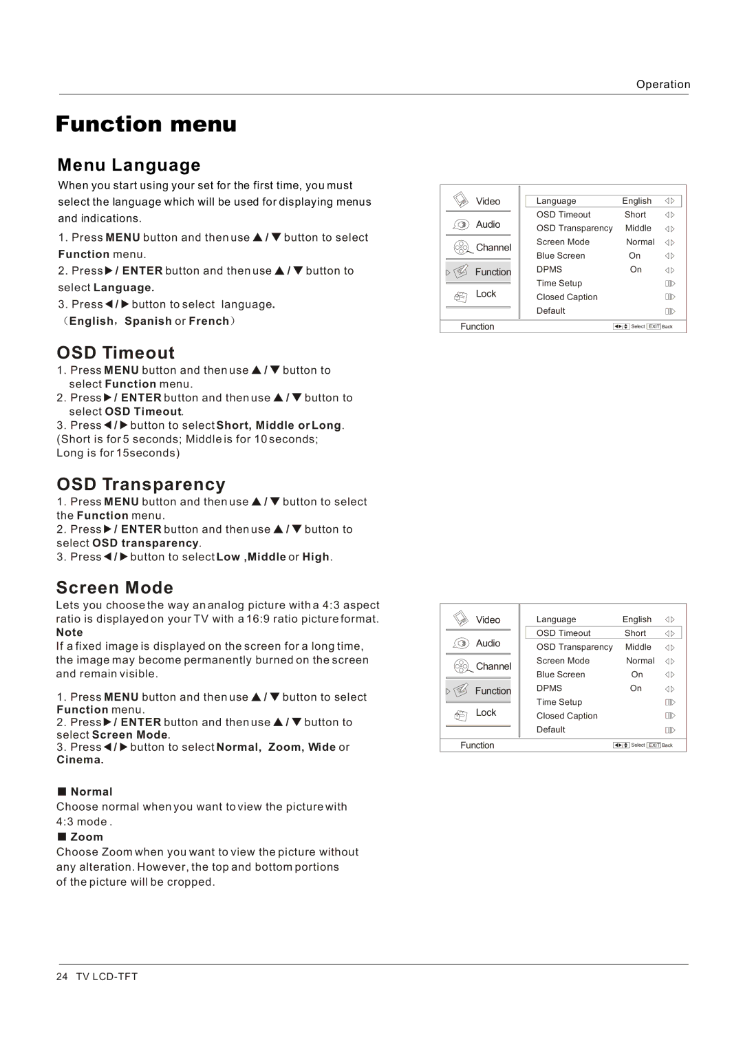 Haier HL32K1, HL26R1, HL26K1, HL42XR1, HL42XK1 Function menu, Menu Language, OSD Timeout, OSD Transparency, Screen Mode 