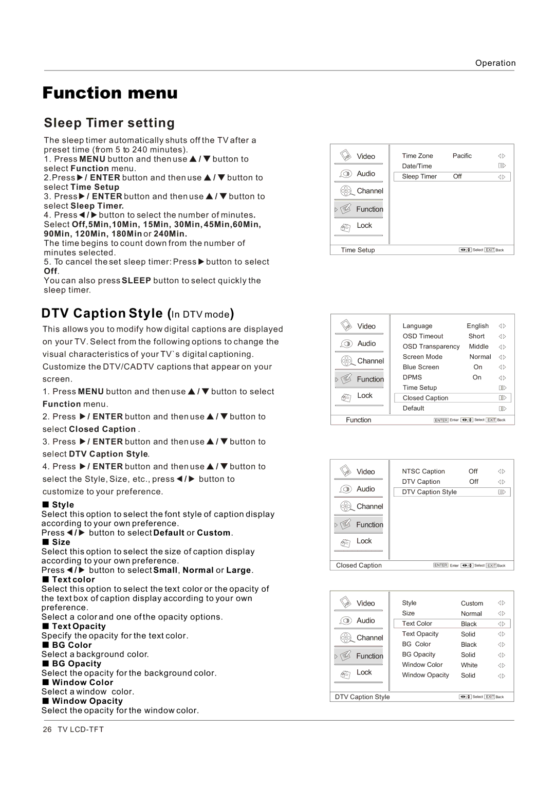 Haier HL26K1, HL32K1, HL26R1, HL42XR1, HL42XK1, HL32XK1, HL32P1, HL32R1 Sleep Timer setting, DTV Caption Style In DTV mode 