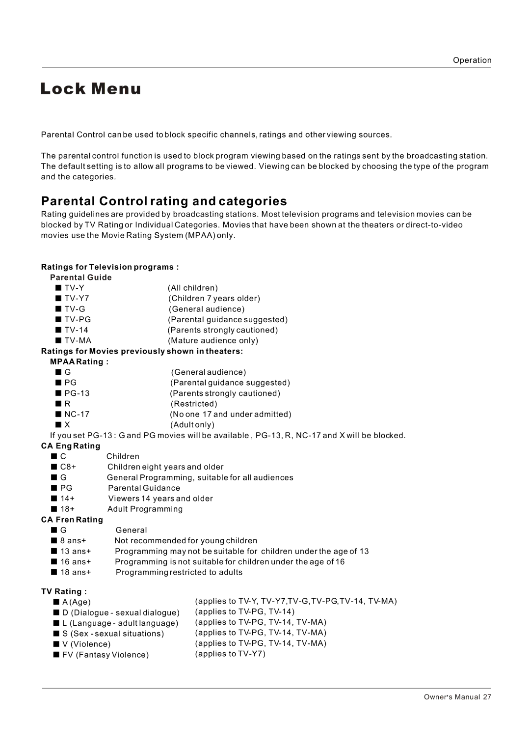 Haier HL42XR1, HL32K1, HL26R1, HL26K1, HL42XK1, HL32XK1 Lock Menu, Parental Control rating and categories, Parental Guide 