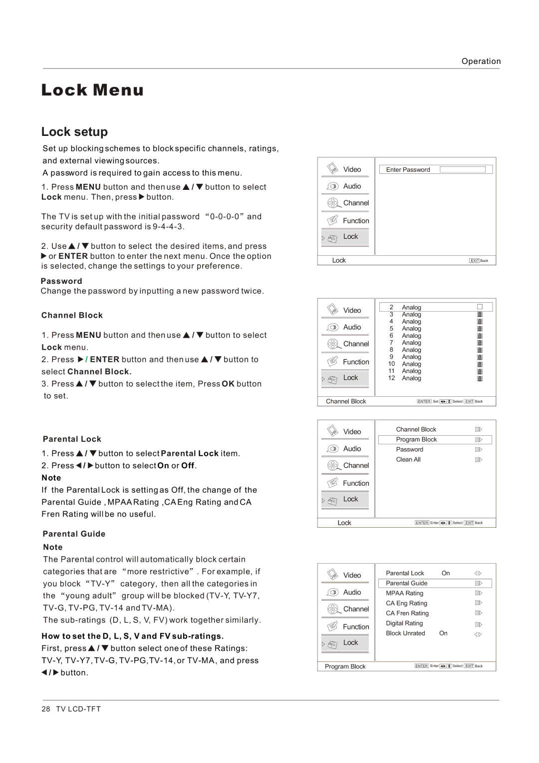 Haier HL42XK1, HL32K1 Lock setup, Password, Channel Block, Parental Lock, How to set the D, L, S, V and FV sub-ratings 