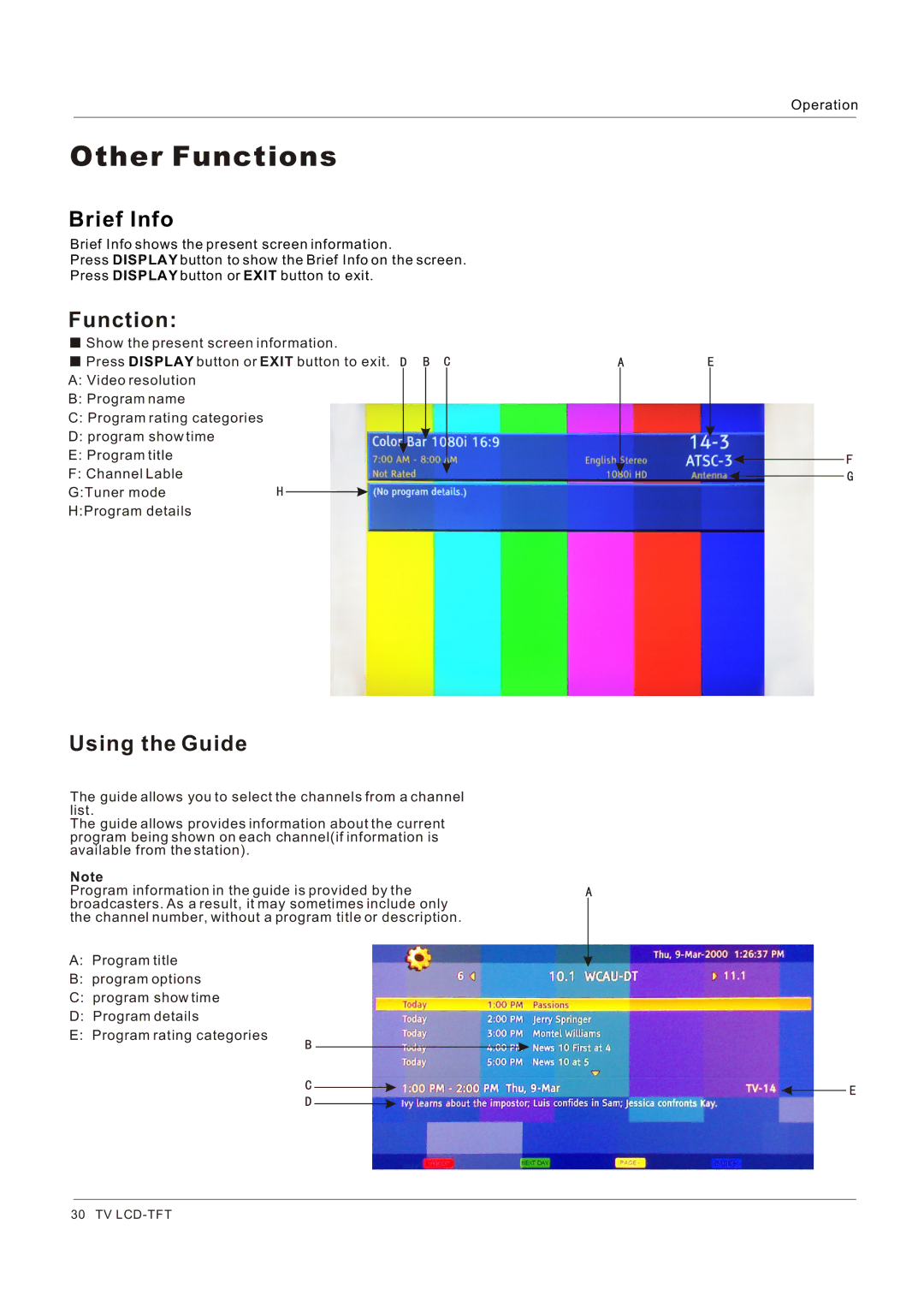 Haier HL32P1, HL32K1, HL26R1, HL26K1, HL42XR1, HL42XK1, HL32XK1, HL32R1 owner manual Other Functions, Brief Info, Using the Guide 