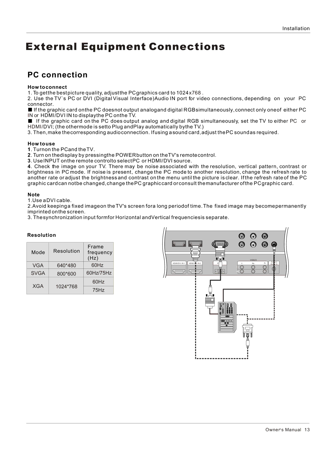 Haier HL40BG, HL37S, HL42BG, HL37BG owner manual PC connection, Resolution 