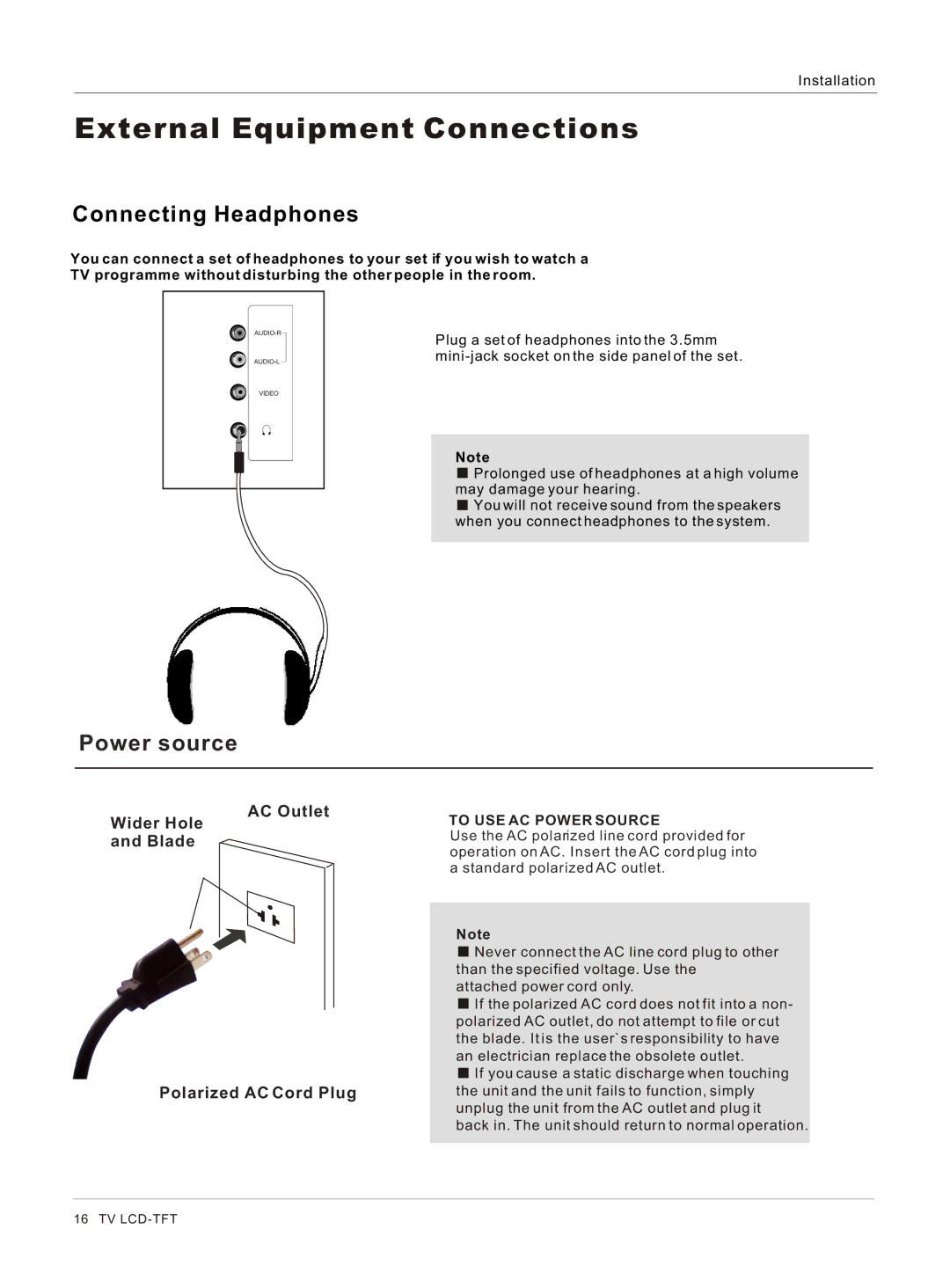 Haier HL40BG, HL37S, HL42BG, HL37BG owner manual Connecting Headphones, Power source 