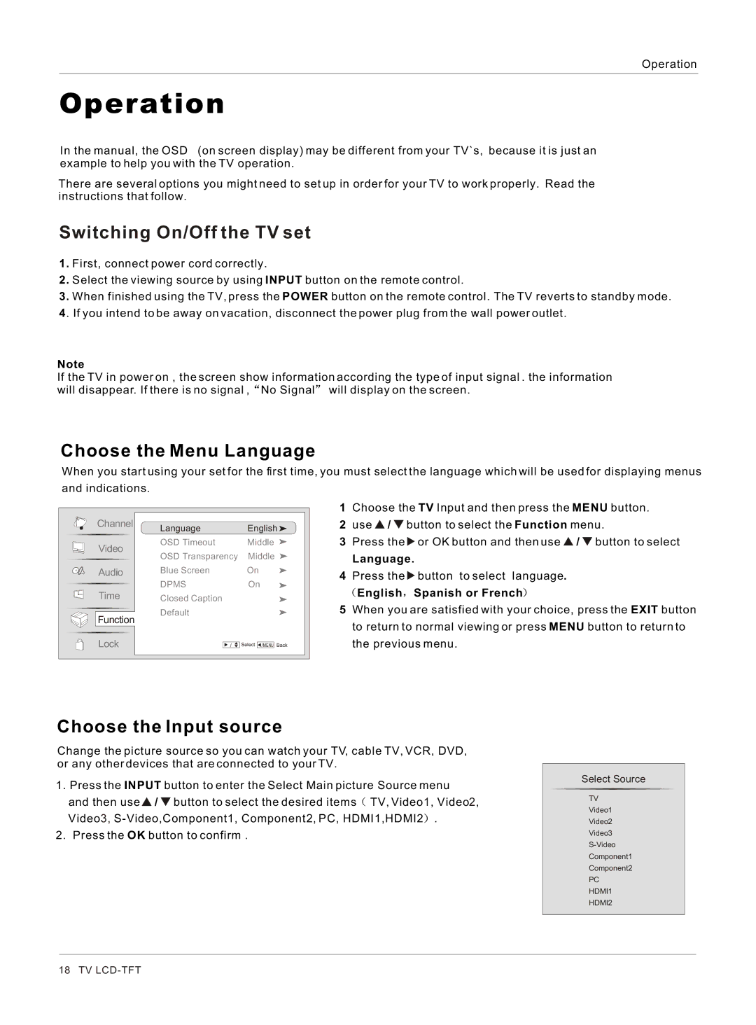 Haier HL42B Switching On/Off the TV set, Choose the Menu Language, Choose the Input source, English Spanish or French 