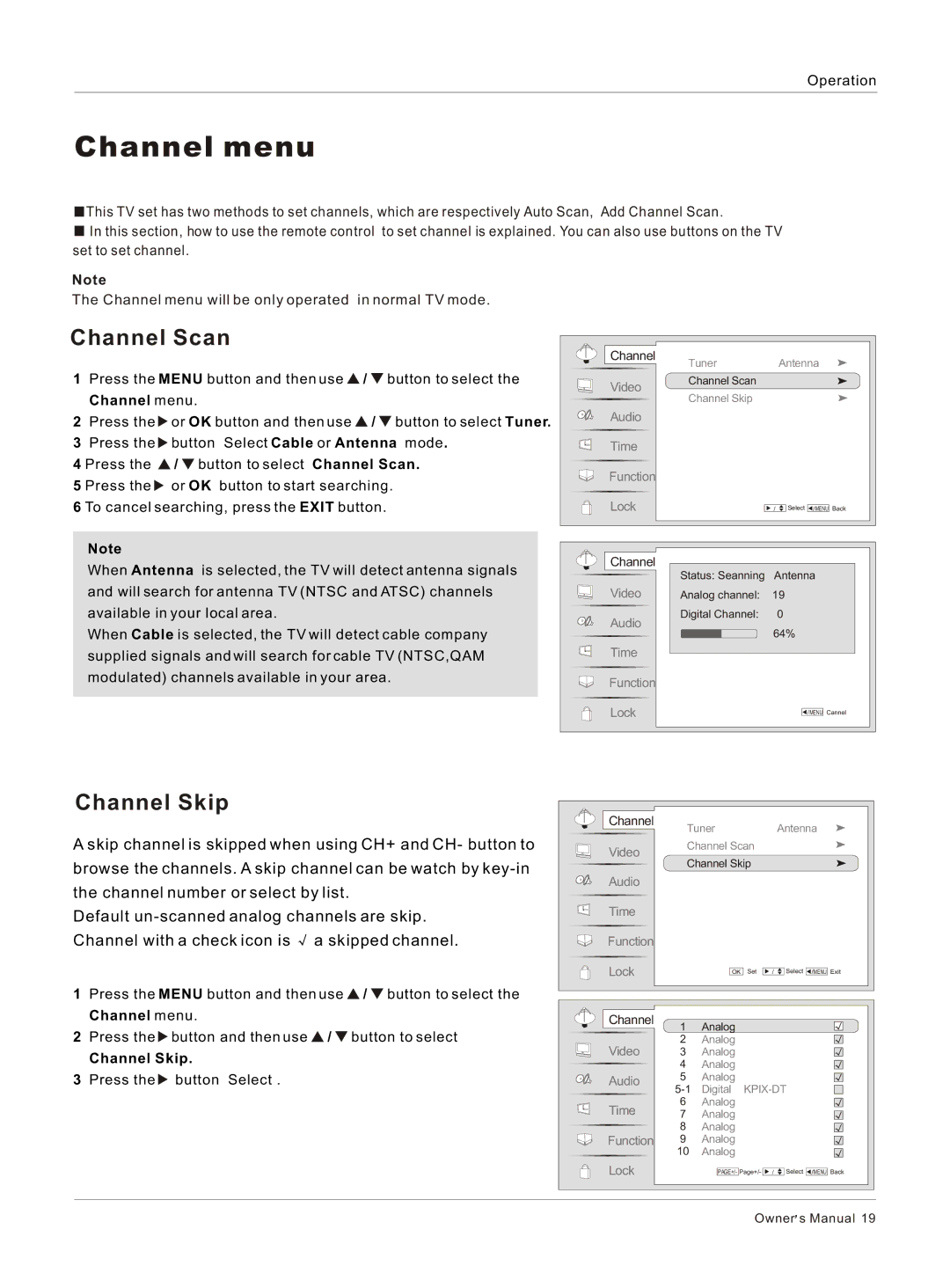 Haier HL40BG, HL37S, HL42BG, HL37BG owner manual Channel menu, Channel Scan, Channel Skip 