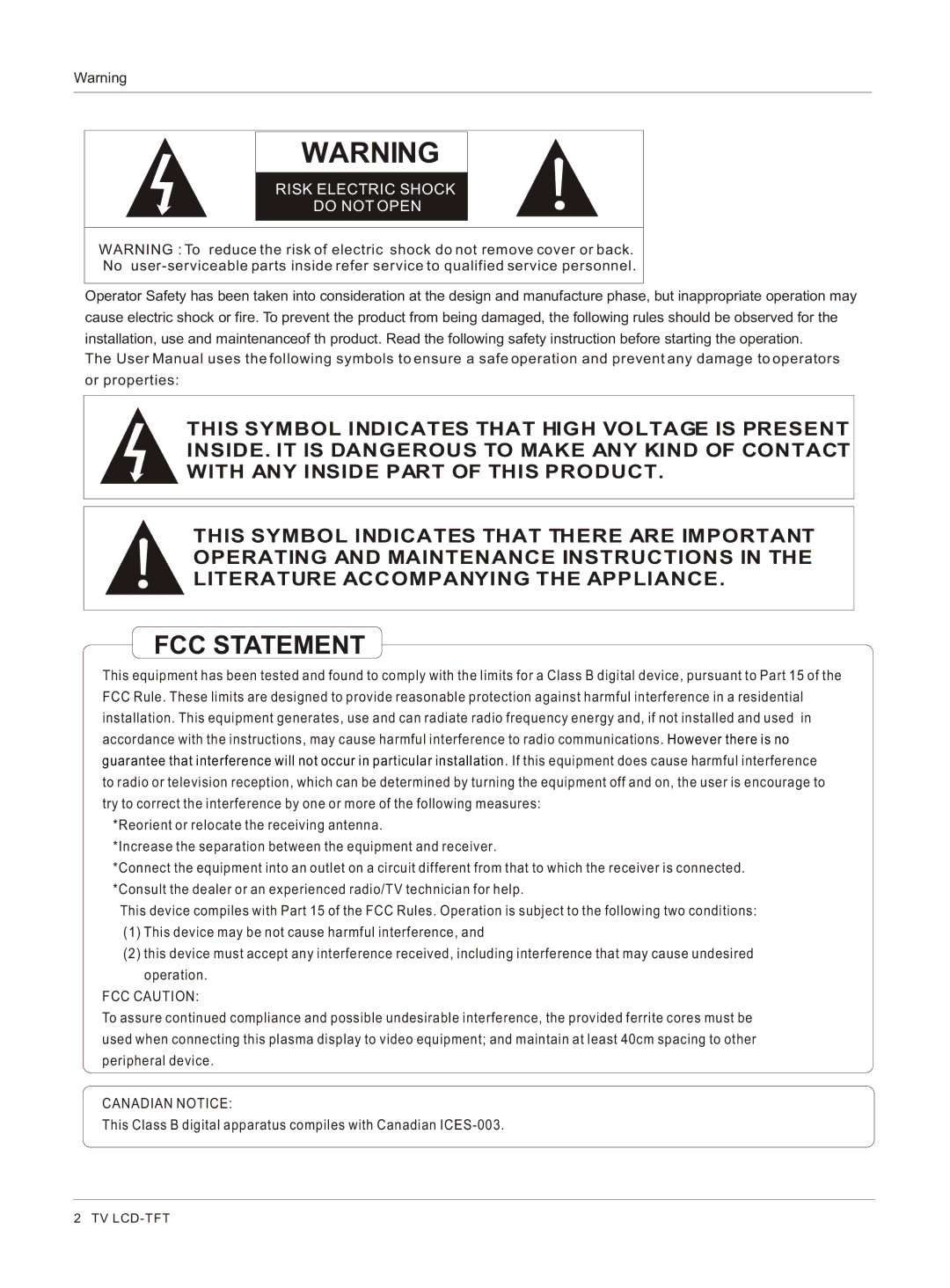 Haier HL37S, HL40BG, HL42BG, HL37BG owner manual FCC Statement 