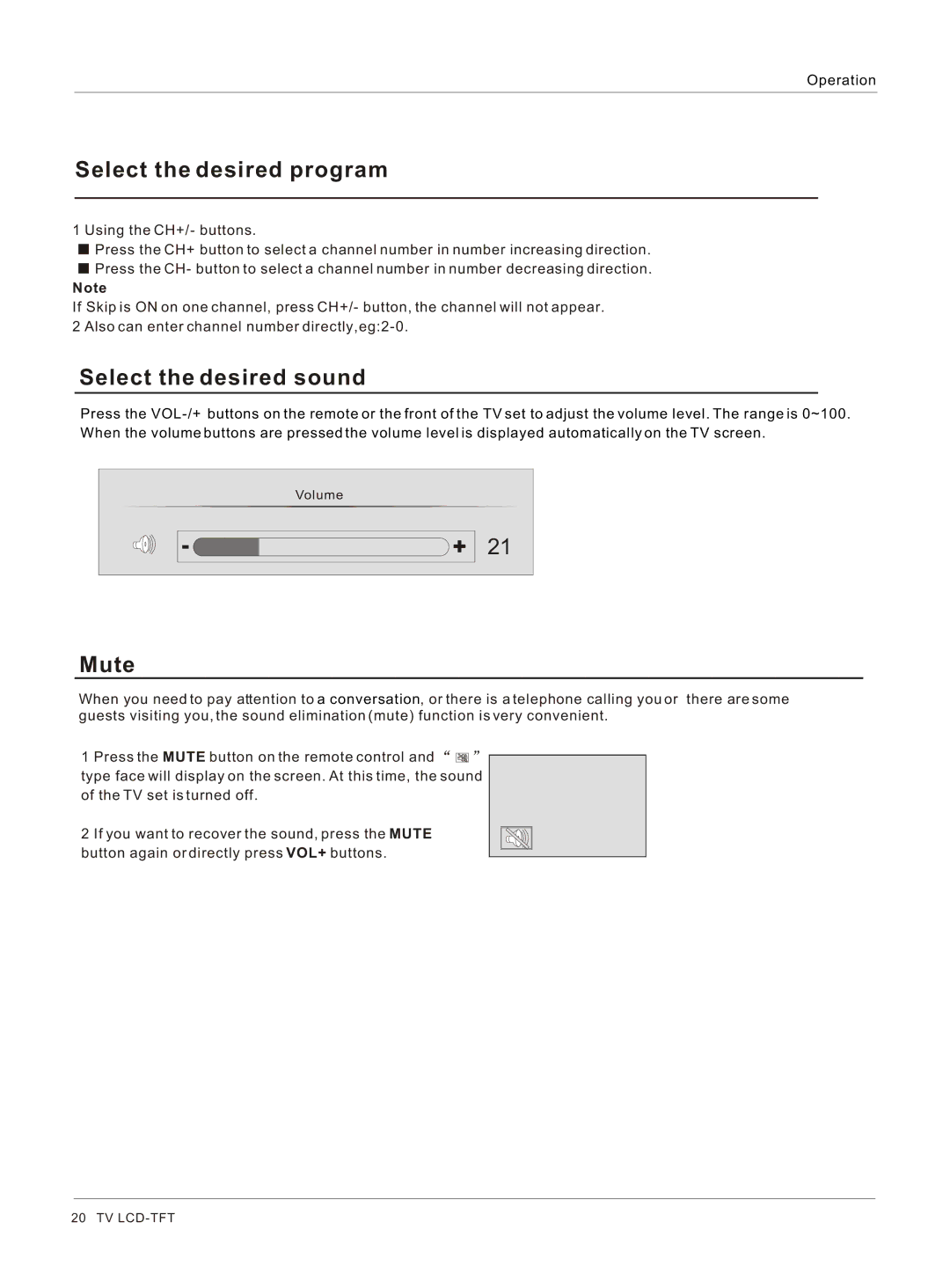 Haier HL37S, HL40BG, HL42BG, HL37BG owner manual Select the desired program, Select the desired sound, Mute 