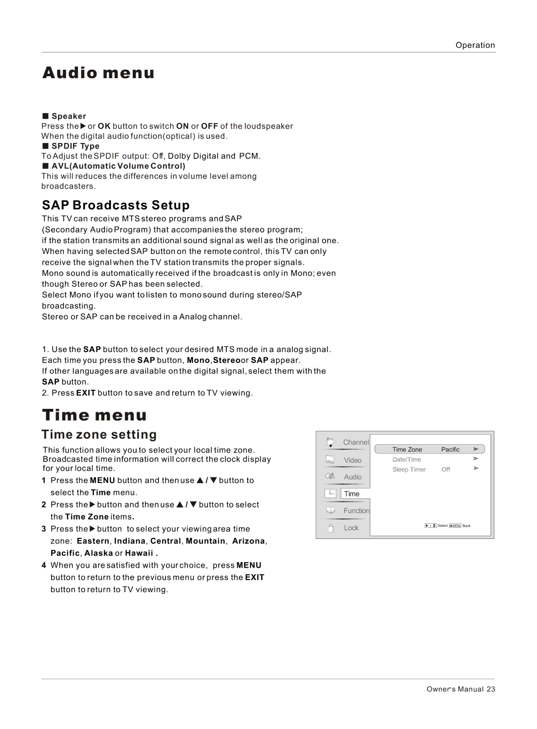 Haier HL37BG, HL40BG, HL37S, HL42BG owner manual Time menu, SAP Broadcasts Setup, Time zone setting 