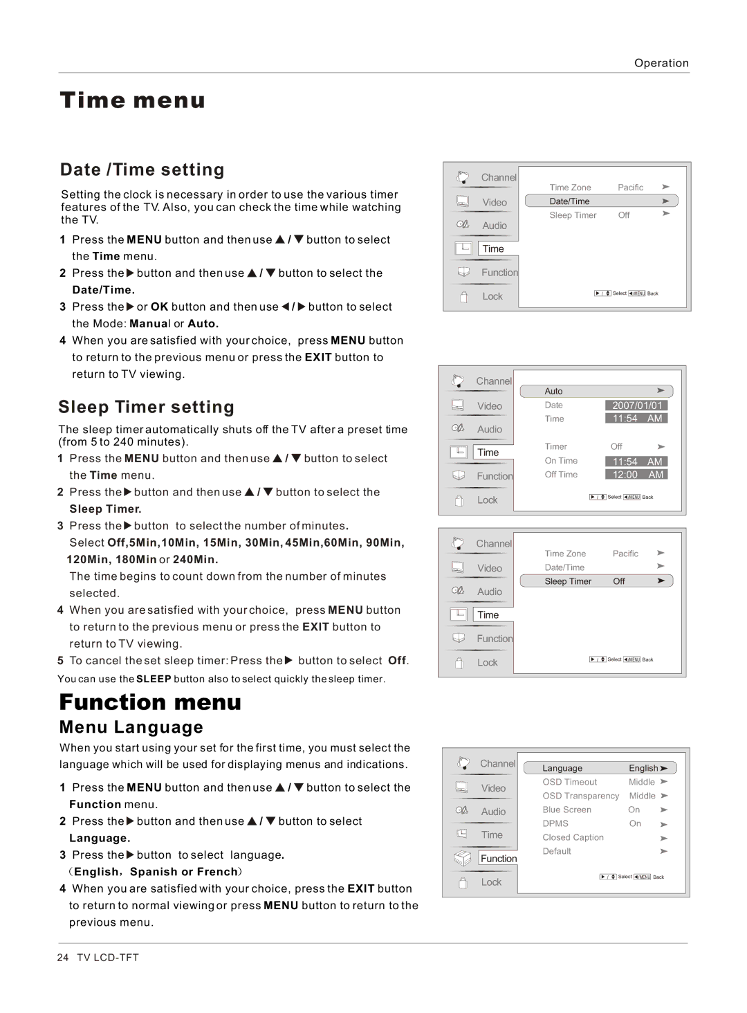 Haier HL40BG, HL37S, HL42BG, HL37BG owner manual Function menu, Date /Time setting, Sleep Timer setting, Menu Language 