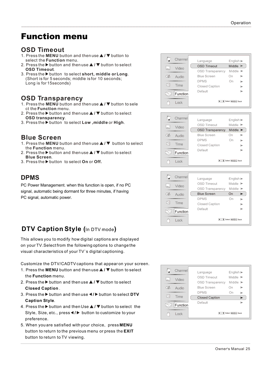 Haier HL40BG, HL37S, HL42BG, HL37BG owner manual OSD Timeout, OSD Transparency, Blue Screen, Closed Caption 