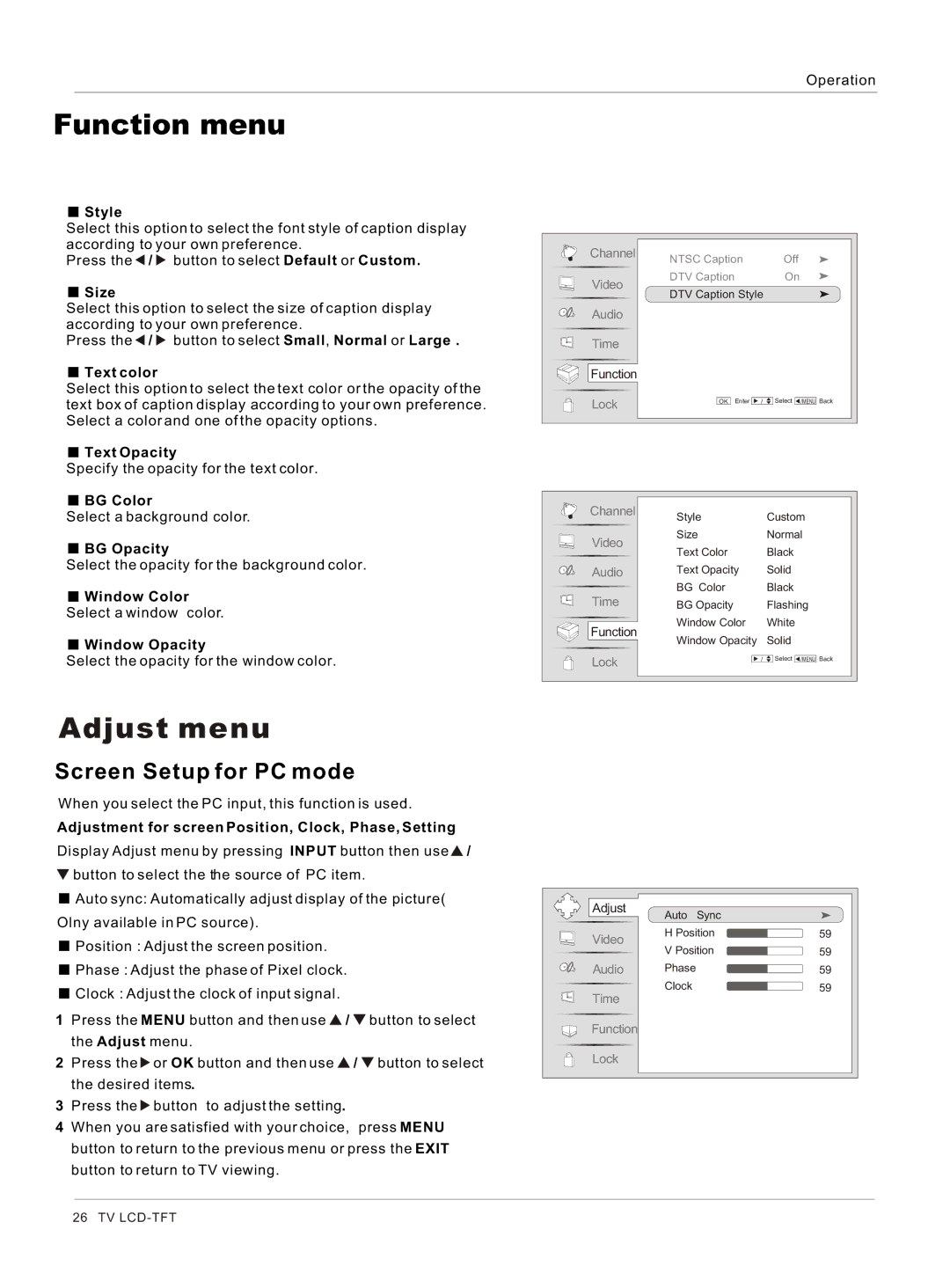 Haier HL37S, HL40BG, HL42BG, HL37BG owner manual Adjust menu, Screen Setup for PC mode 