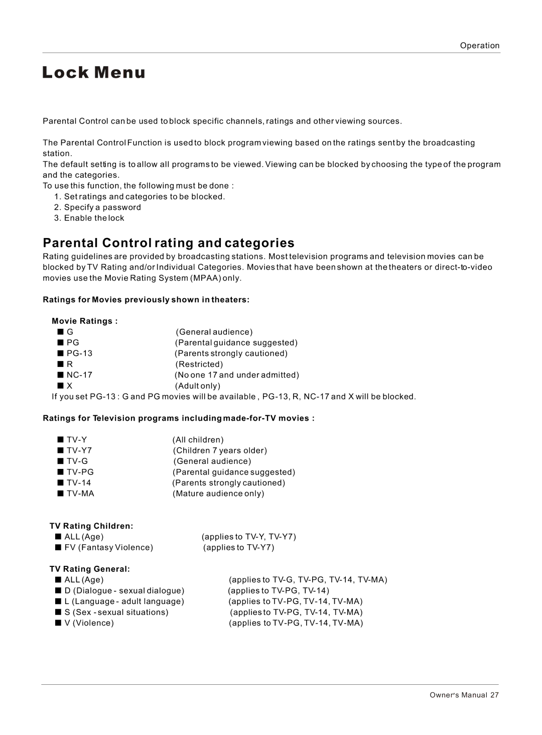 Haier HL42BG, HL40BG, HL37S, HL37B Lock Menu, Parental Control rating and categories, TV Rating Children, TV Rating General 