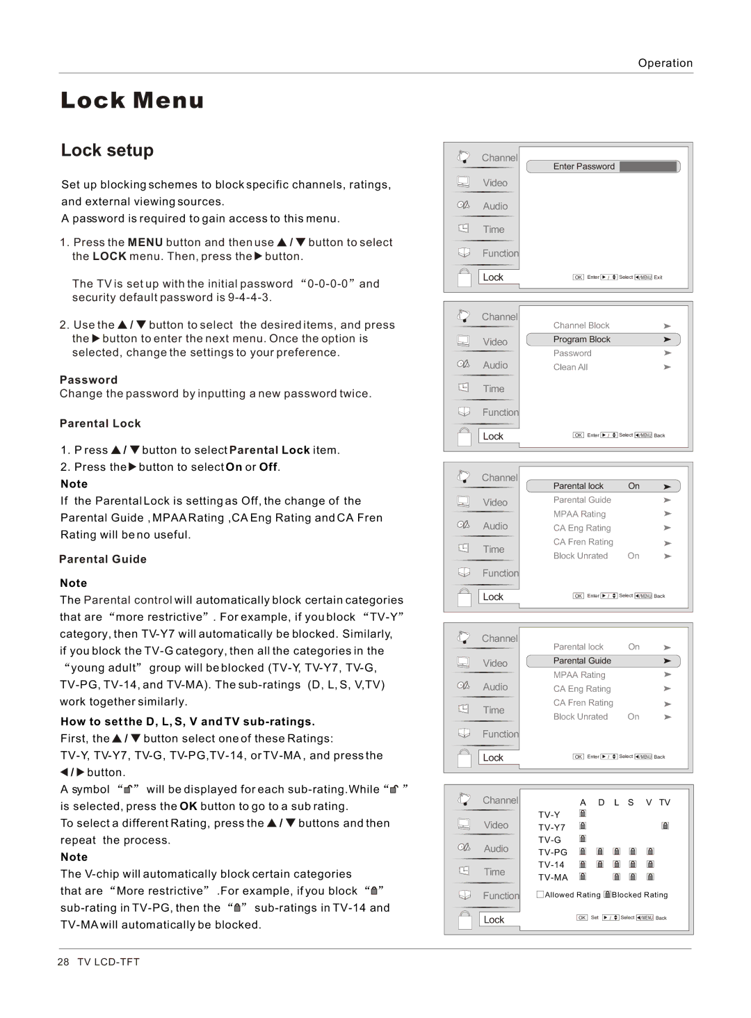 Haier HL37B, HL42B, HL37S Lock setup, Password, Parental Lock, Parental Guide, How to set the D, L, S, V and TV sub-ratings 