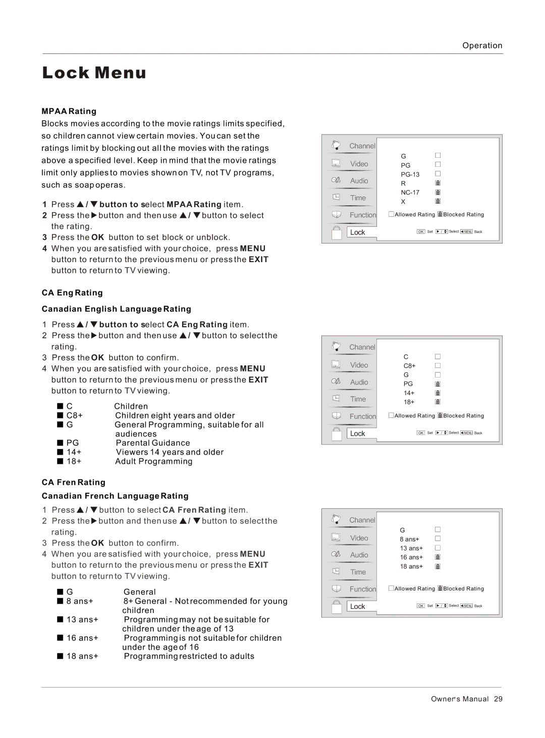 Haier HL37BG, HL42B, HL40BG Press / button to select Mpaa Rating item, CA Eng Rating Canadian English Language Rating 