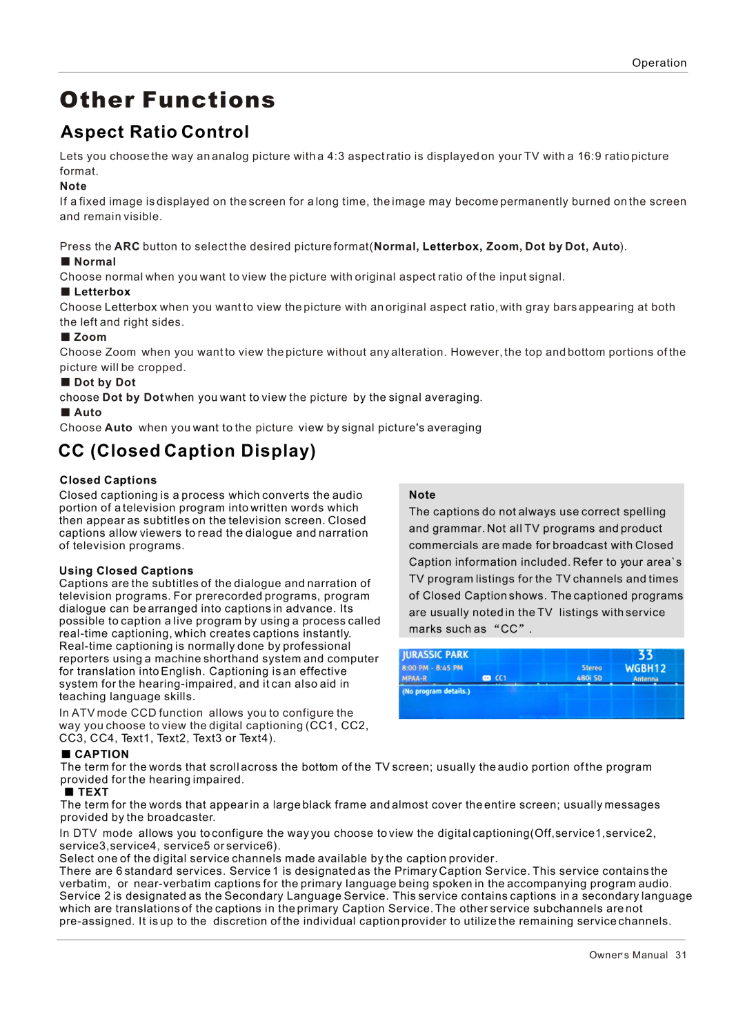 Haier HL40BG, HL37S, HL42BG, HL37BG owner manual Aspect Ratio Control, CC Closed Caption Display 