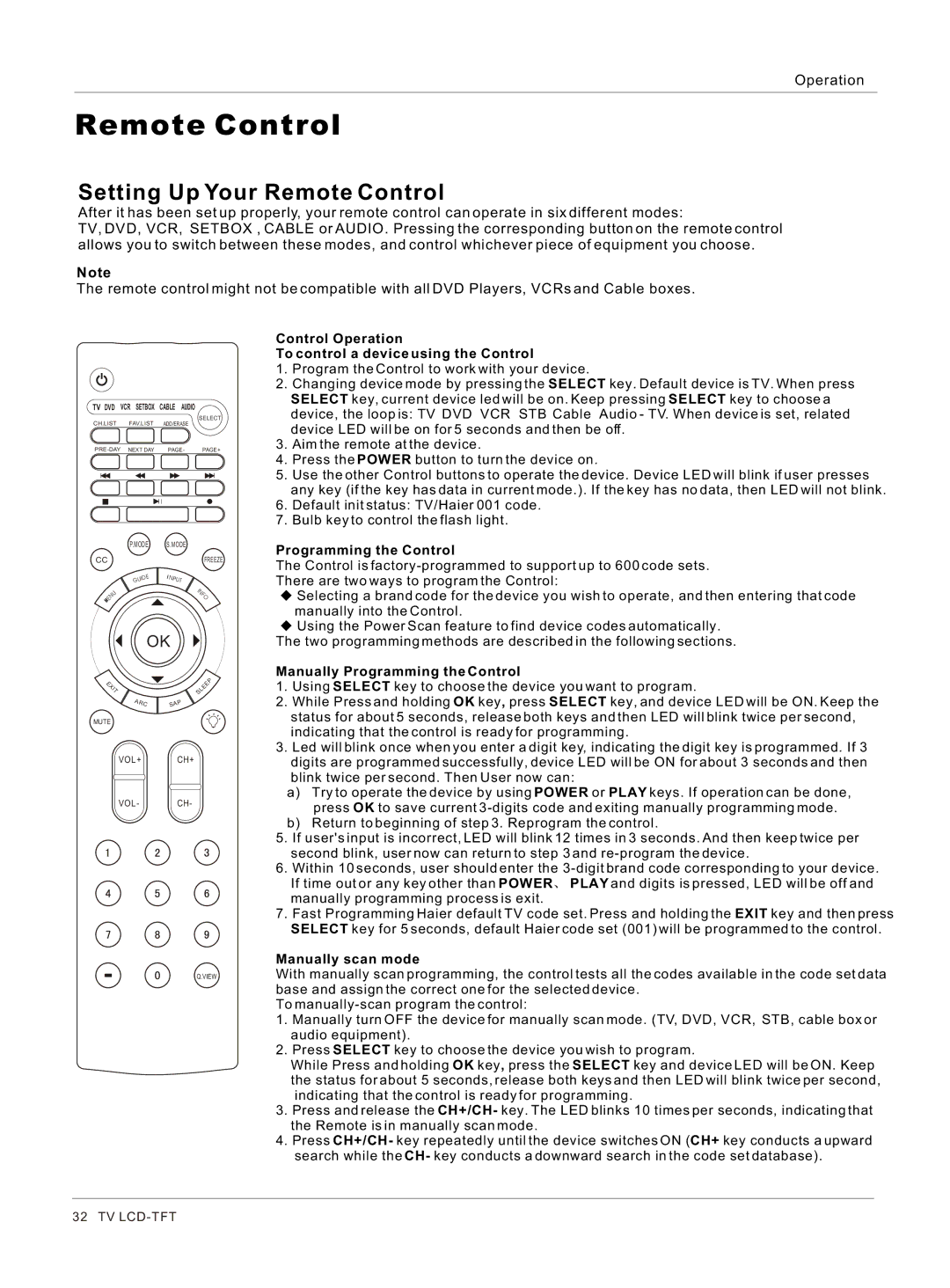 Haier HL37S, HL40BG, HL42BG, HL37BG owner manual Setting Up Your Remote Control 