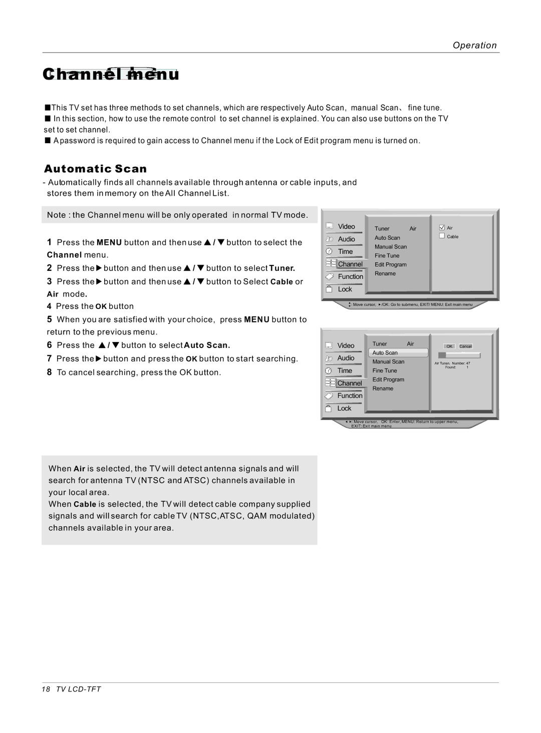 Haier HL42S, HL40B owner manual Channel menu, Automatic Scan, Air mode 