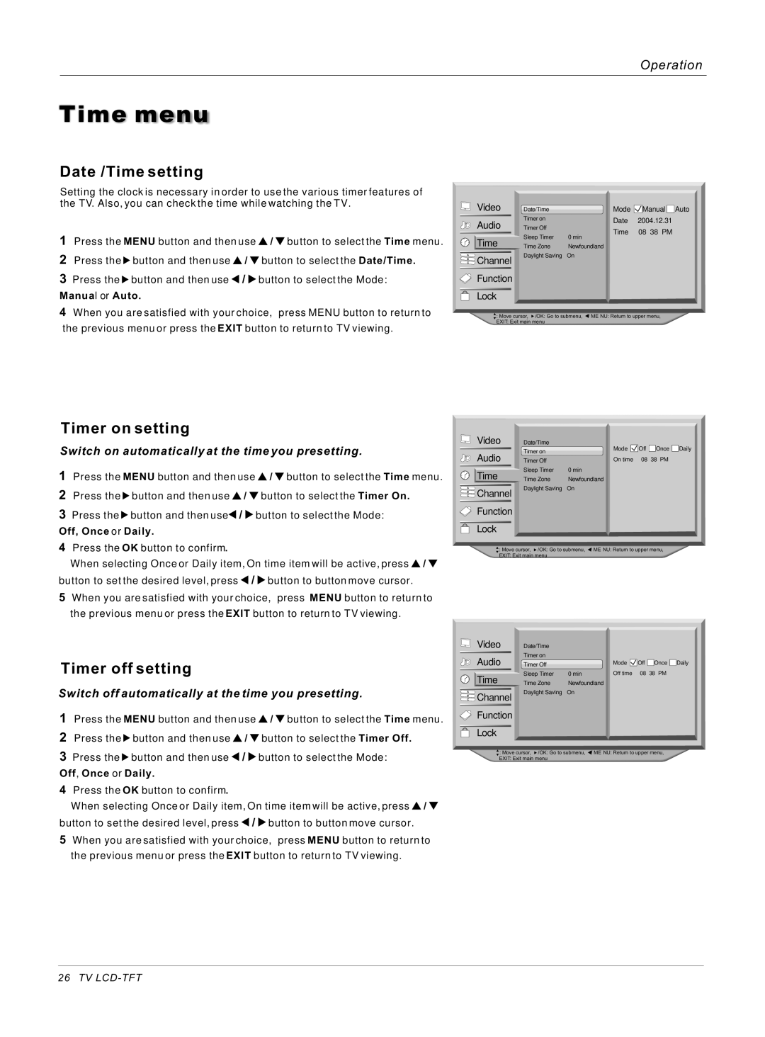 Haier HL42S, HL40B owner manual Time menu, Date /Time setting, Timer on setting, Timer off setting 