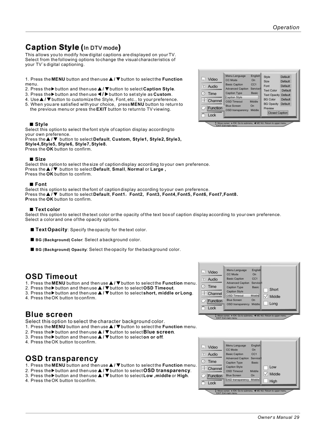 Haier HL40B, HL42S owner manual Caption Style In DTV mode, OSD Timeout, Blue screen, OSD transparency 