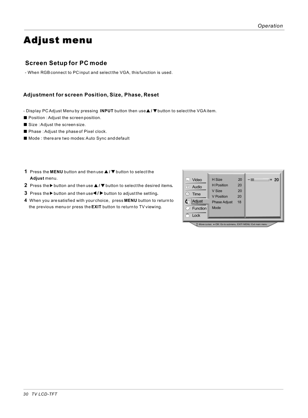 Haier HL42S, HL40B owner manual Adjust menu, Screen Setup for PC mode, Adjustment for screen Position, Size, Phase, Reset 