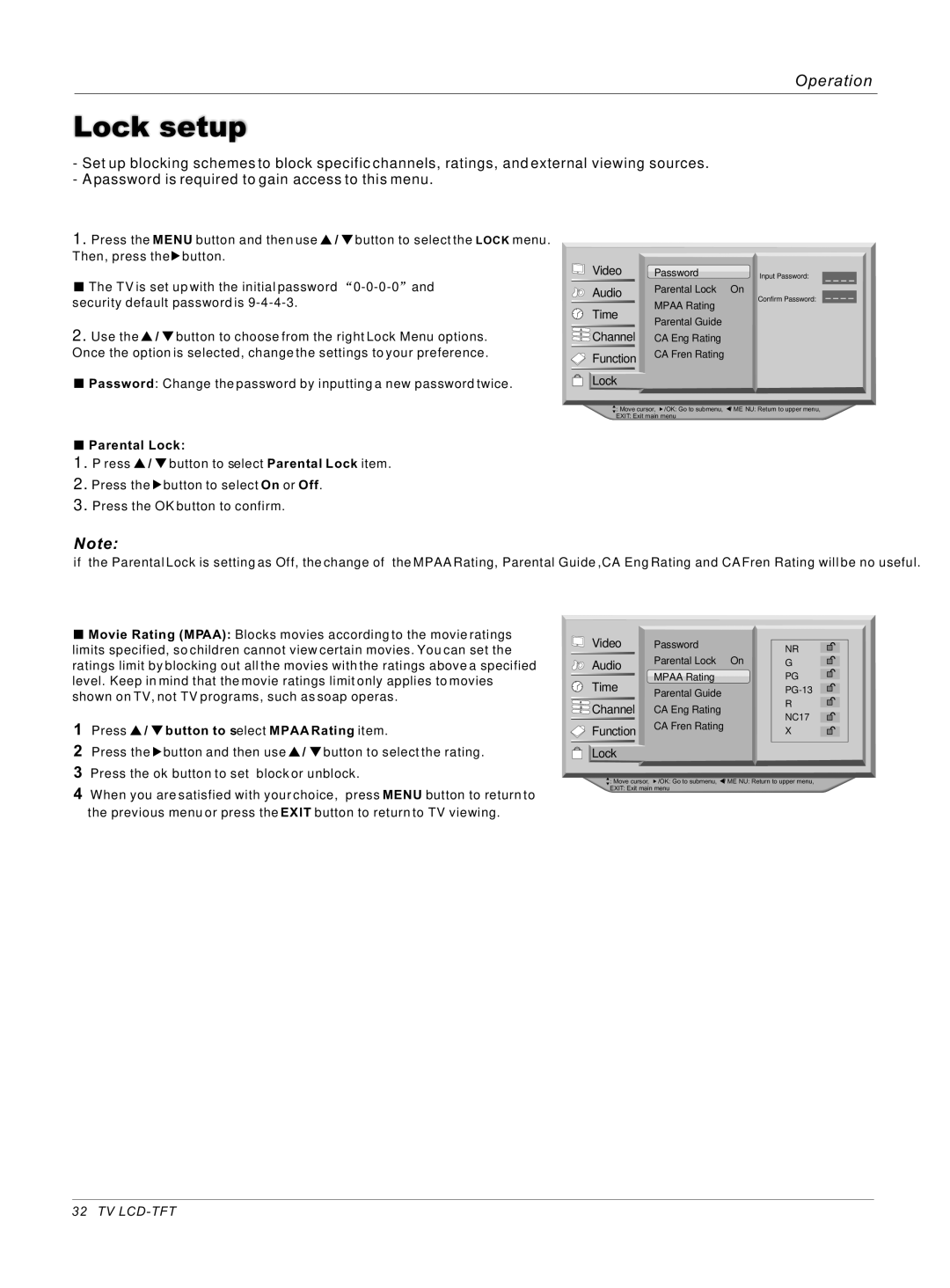 Haier HL42S, HL40B owner manual Lock setup, Parental Lock, Press / button to select Mpaa Rating item 