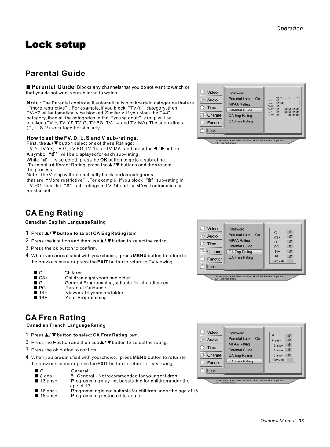 Haier HL40B, HL42S owner manual Parental Guide, CA Eng Rating, CA Fren Rating, How to set the FV, D, L, S and V sub-ratings 