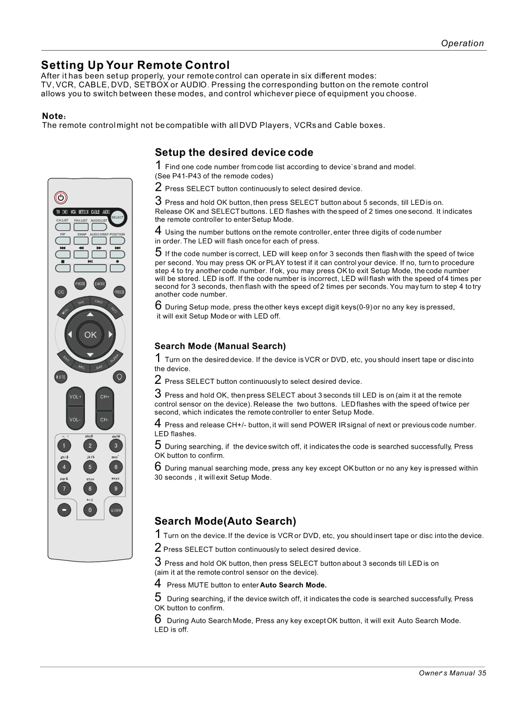 Haier HL40B, HL42S owner manual Setup the desired device code, Search ModeAuto Search, Search Mode Manual Search 