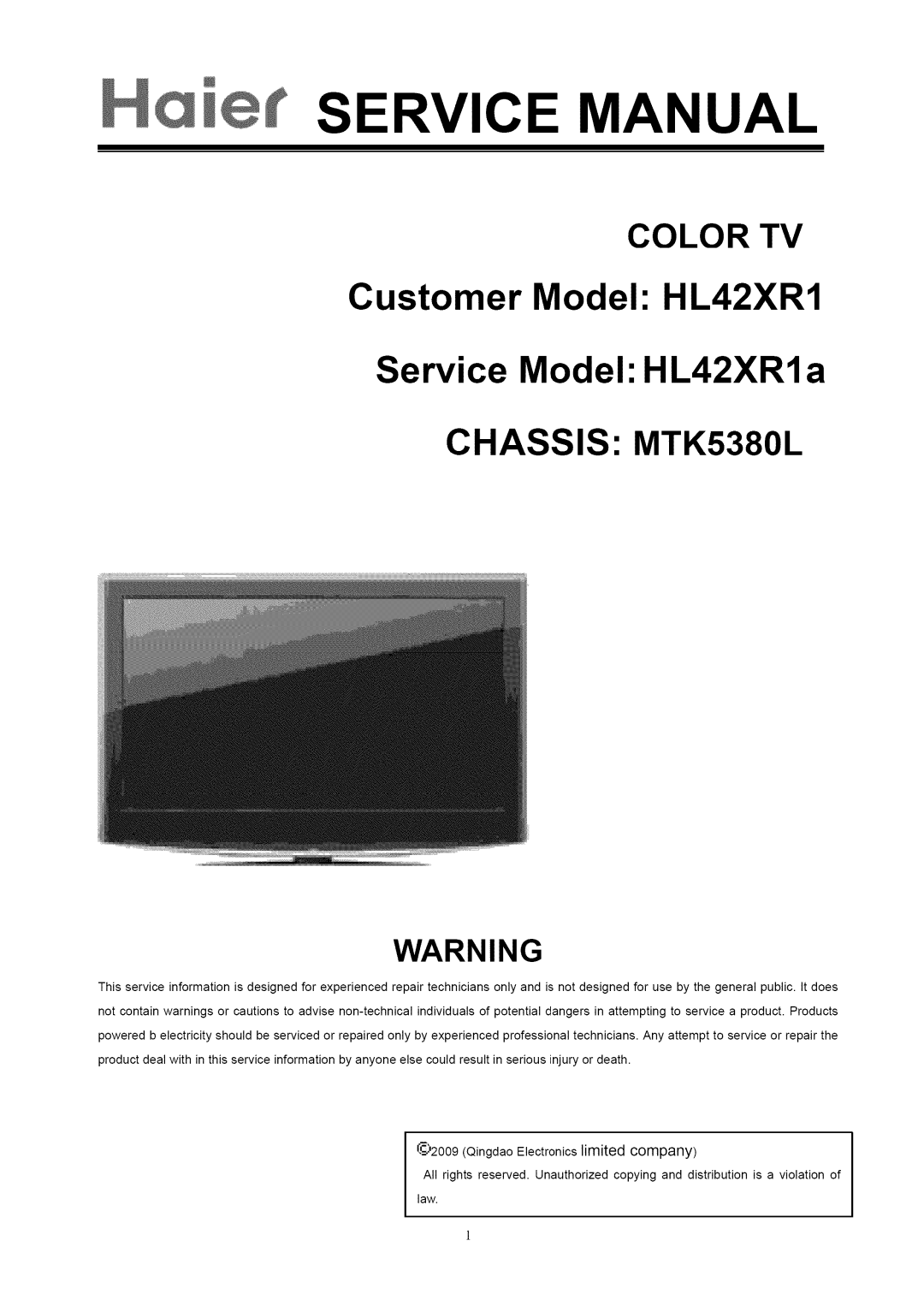 Haier service manual Customer Model HL42XR1 Service Model HL42XR1a 