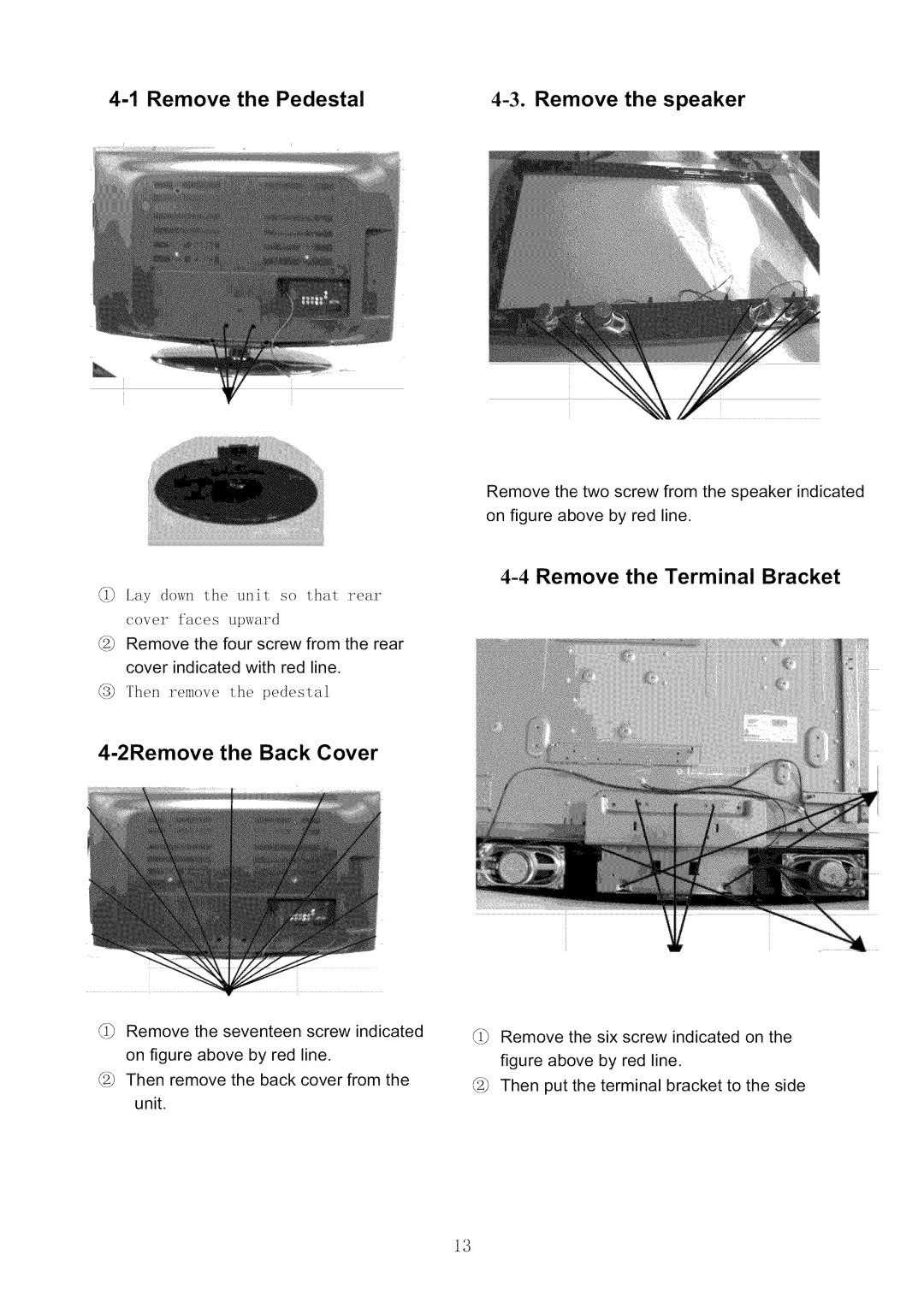 Haier HL42XR1 Remove the Pedestal Remove the speaker, Remove the Terminal Bracket, 2Remove the Back Cover, Unit 